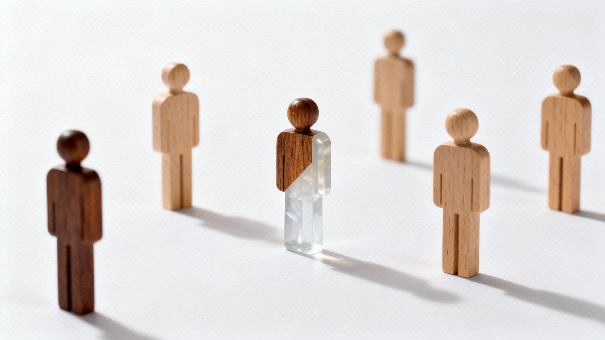 Eine einzigartige Figur, halb aus dunklem Holz, halb aus klarem Harz, steht zwischen Holzmännchen.