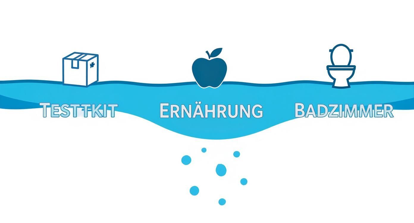 Drei Kategorien zur Stuhlprobenentnahme: Testkit, Ernährung und Badzimmer mit symbolischen Icons dargestellt