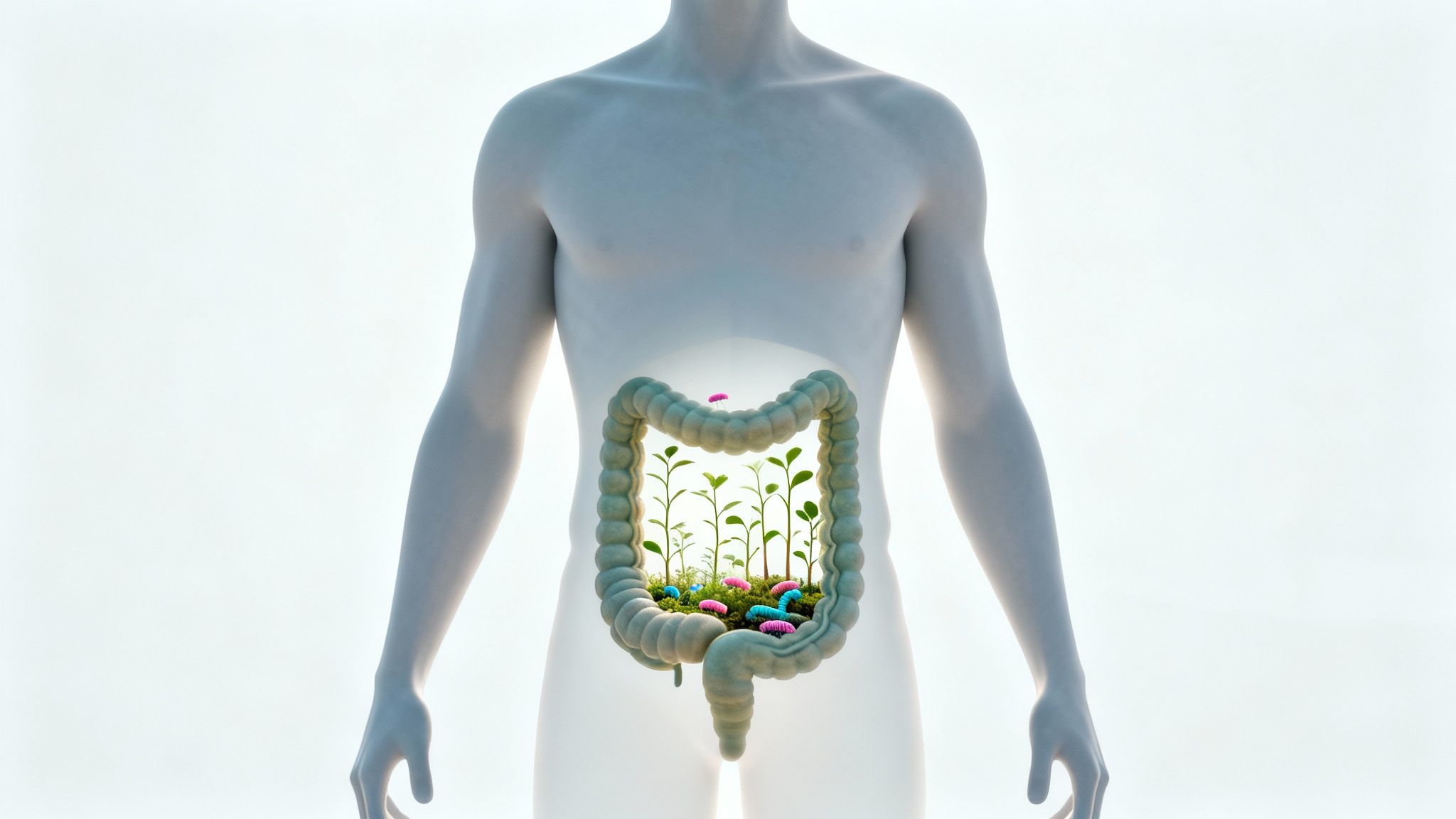 3D-Darstellung eines menschlichen Torsos mit sichtbarem Dickdarm, der gesunde Darmflora und Pflanzen enthält.