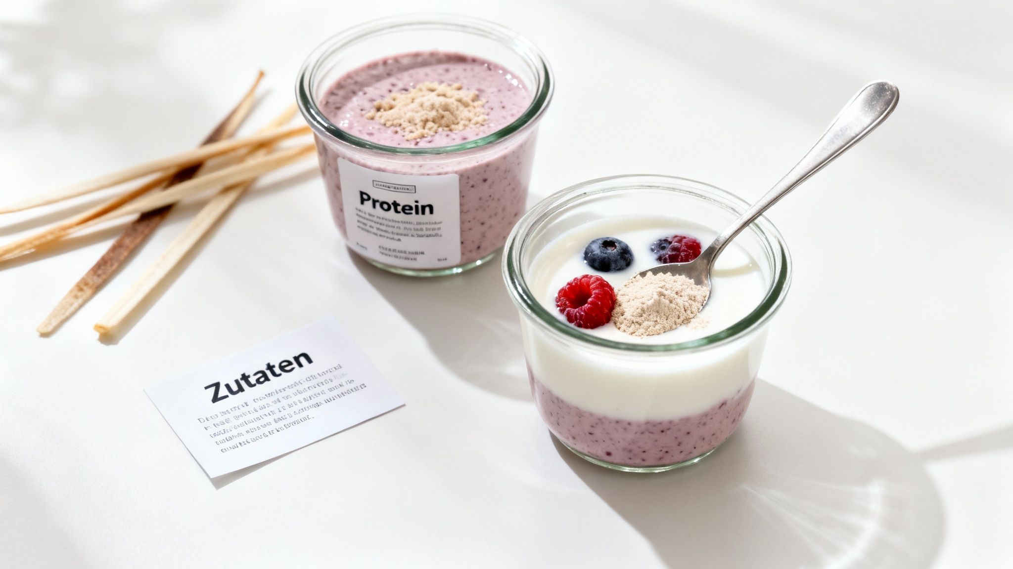 Eine Schüssel mit selbstgemachtem Protein Pudding, garniert mit frischen Beeren und Nüssen.