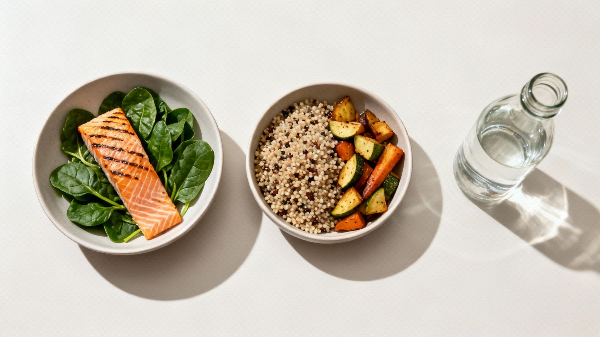 Eine ausgewogene Mahlzeit mit gegrilltem Hähnchen, frischem Salat und Quinoa, die die Prinzipien einer proteinreichen und smarten Ernährung darstellt.
