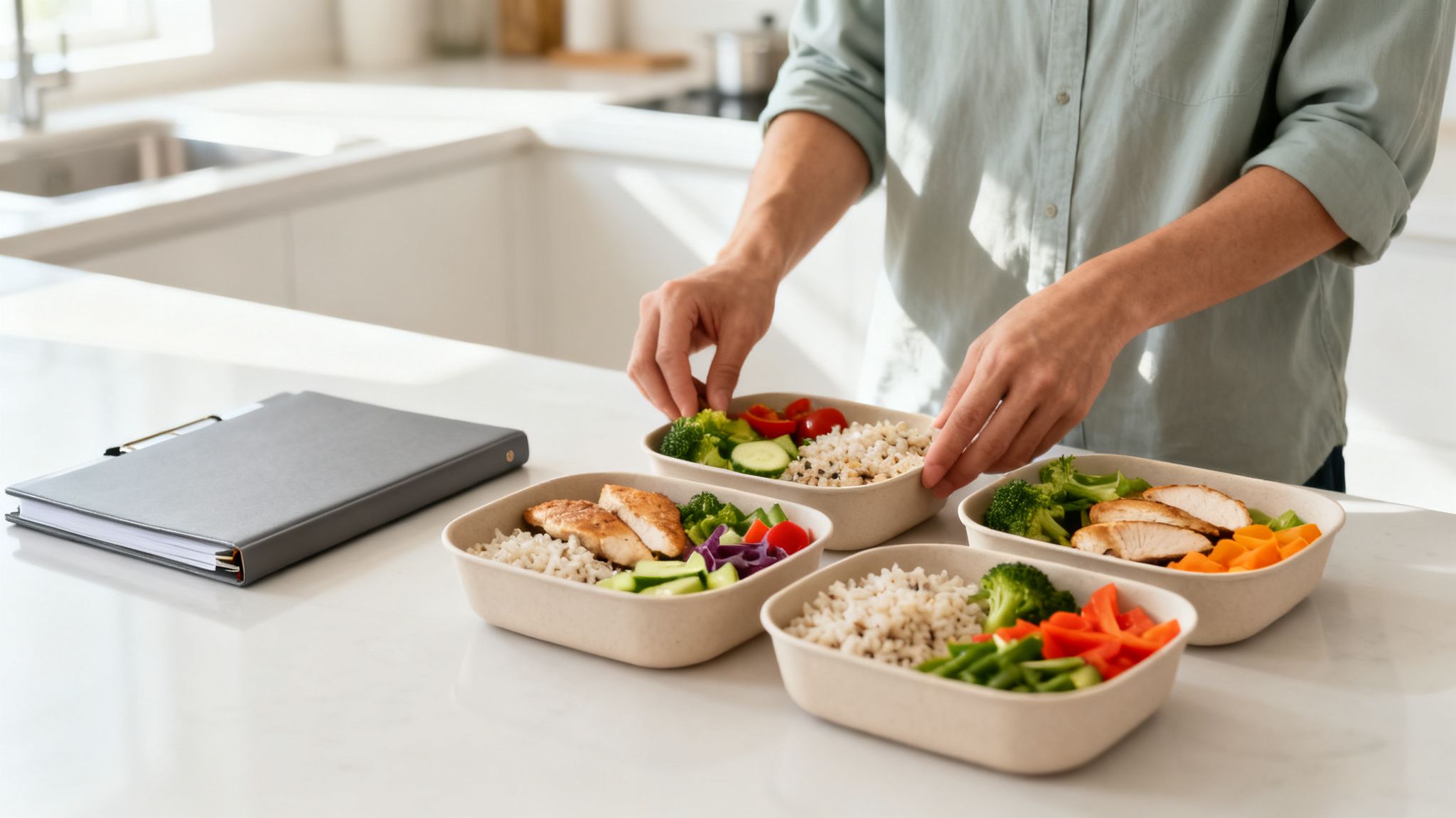 A person fills several food containers with chicken, rice, and vegetables in a bright kitchen.