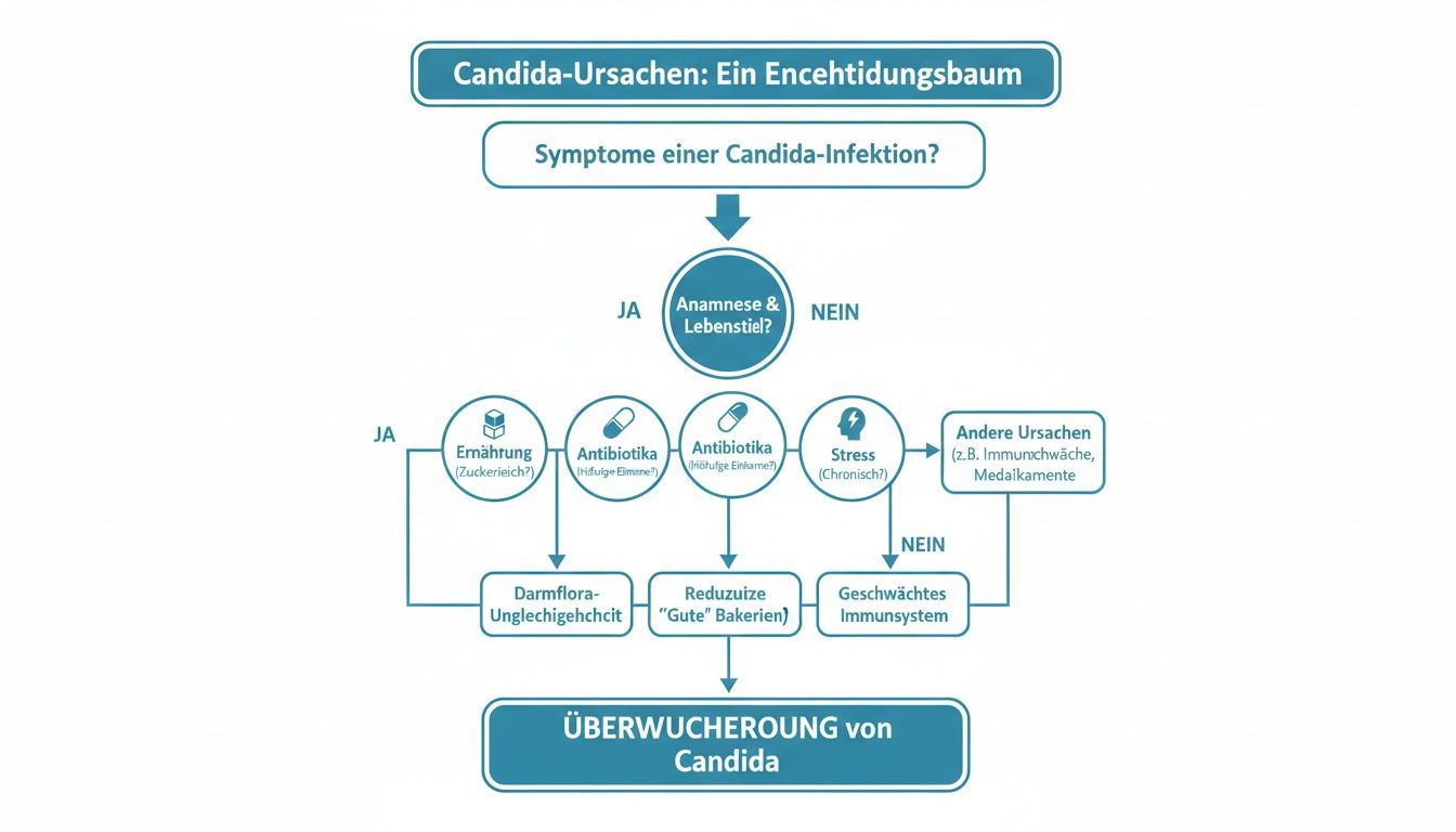 Flussdiagramm zu Candida-Ursachen, beginnend bei Symptomen, über Lebensstilfaktoren bis zur Candida-Überwucherung.