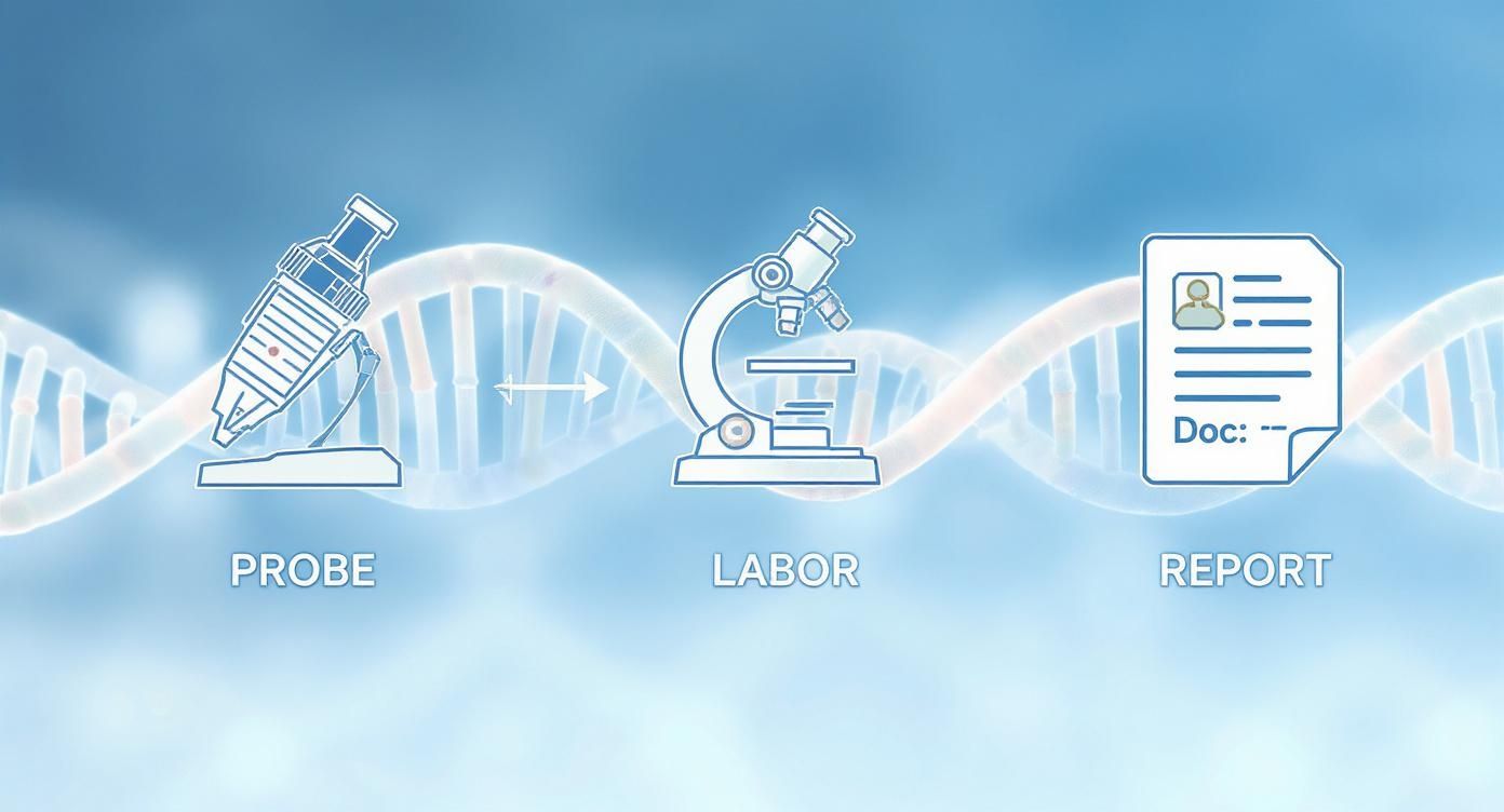 Illustration eines dreistufigen Prozesses: DNA-Probe, Laboranalyse und Ergebnisbericht vor DNA-Hintergrund.