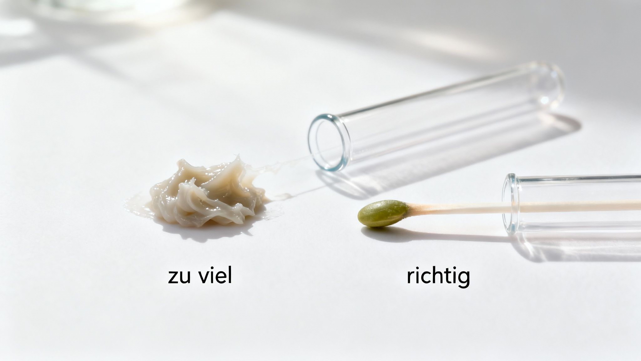 Vergleich der Stuhlprobenmengen: zu große Menge links, richtige Menge im Röhrchen rechts