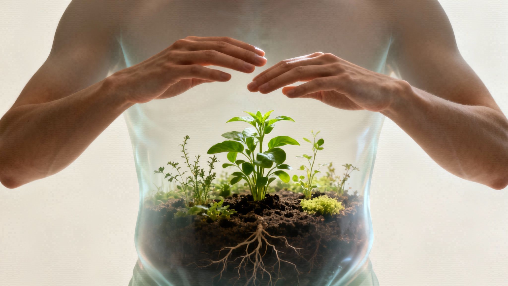 Torso umano con un giardino fiorito al suo interno; le mani proteggono il sano microbioma.