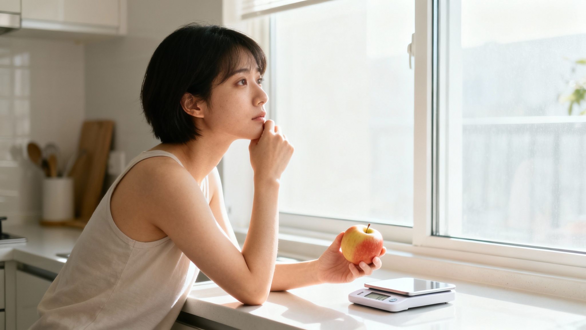 Junge Frau in Küche, hält Apfel, blickt nachdenklich aus dem Fenster neben einer Küchenwaage.