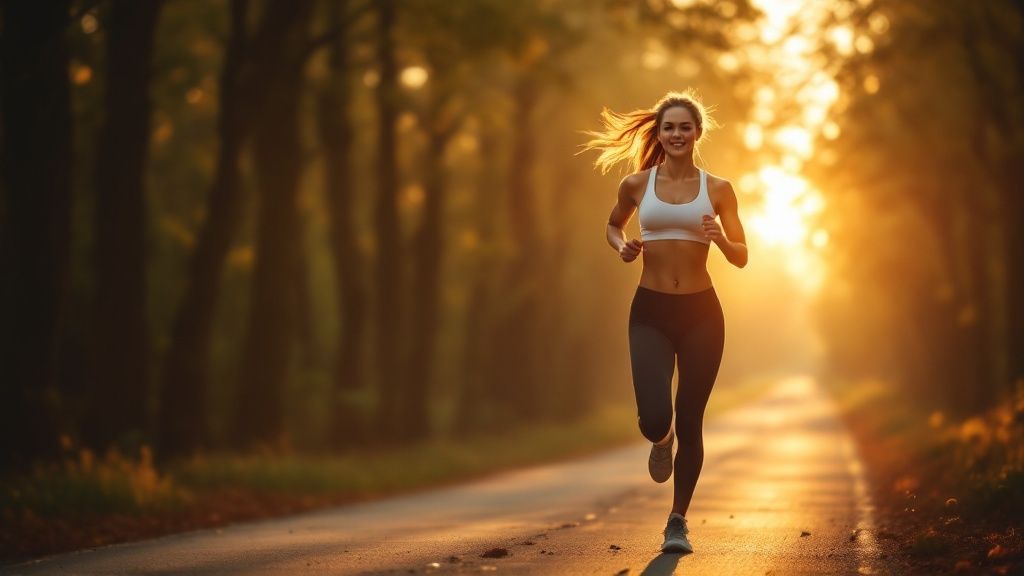 Eine Frau läuft motiviert auf einem Laufband in einem Fitnessstudio