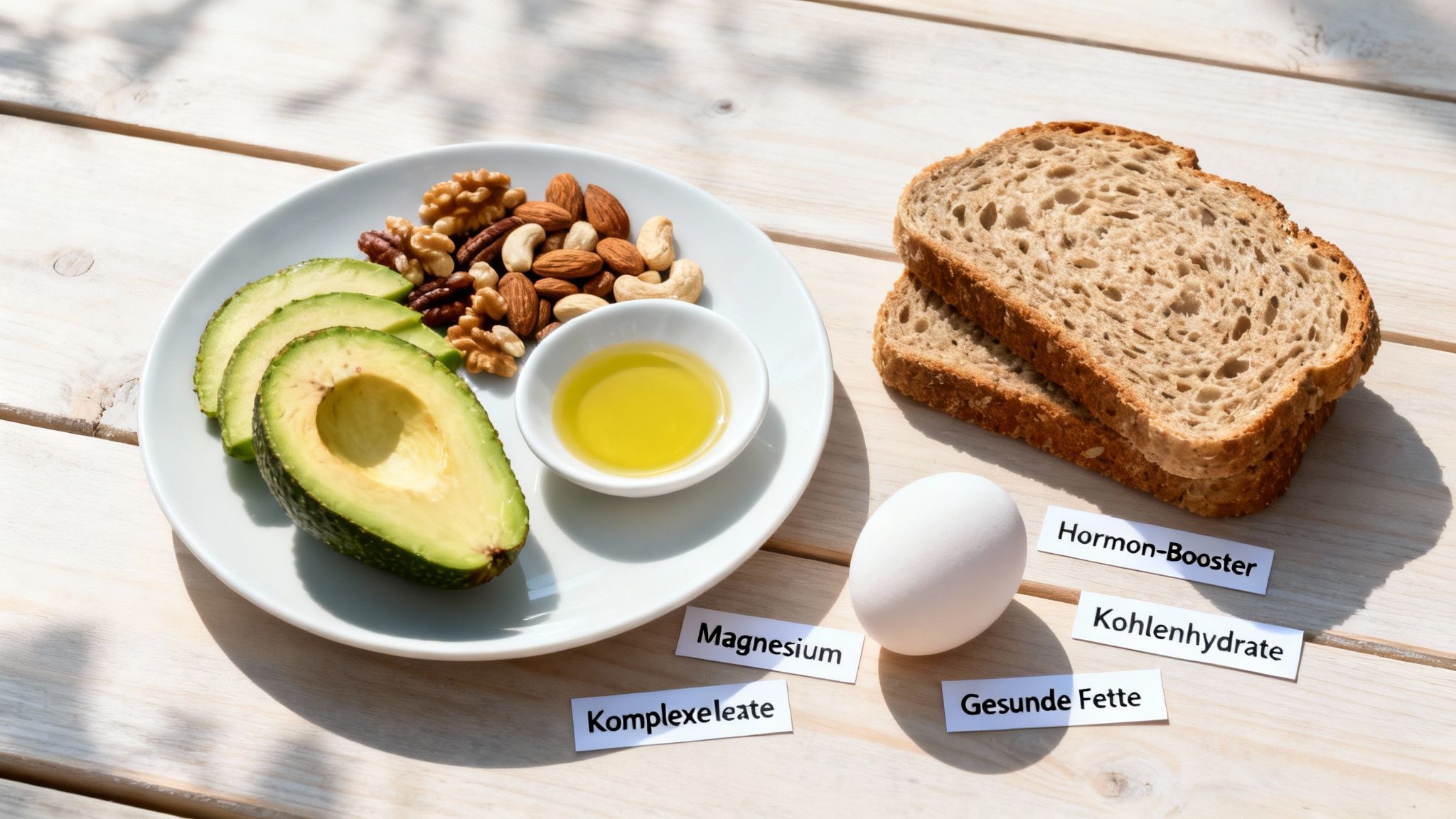Teller mit Avocado, Nüssen, Öl, Brot und Ei, beschriftet mit gesunden Ernährungsbegriffen.