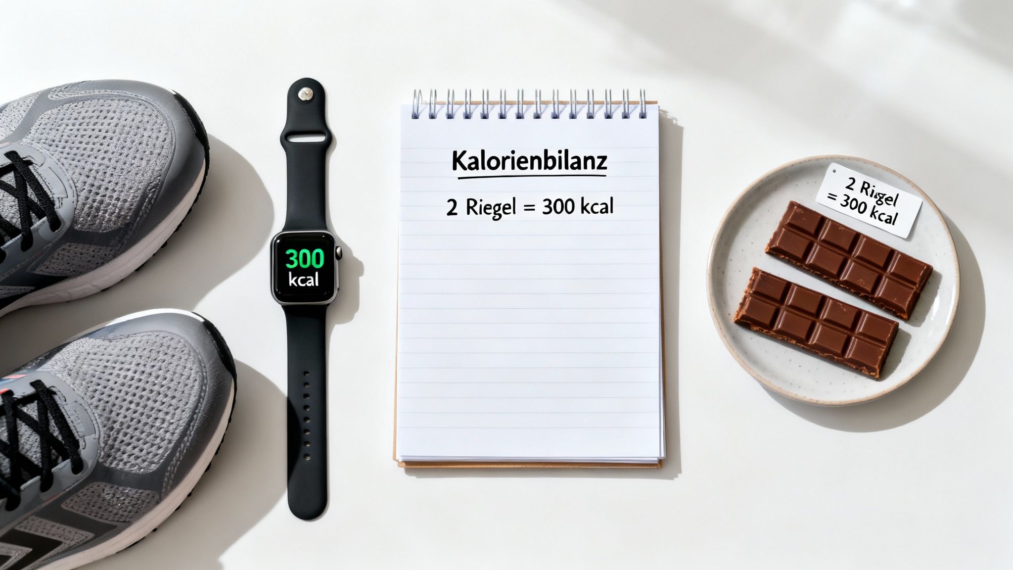 Kalorienbilanz mit Sportschuhen, Smartwatch (300 kcal), Notizbuch und Schokoriegeln, die ebenfalls 300 kcal entsprechen.