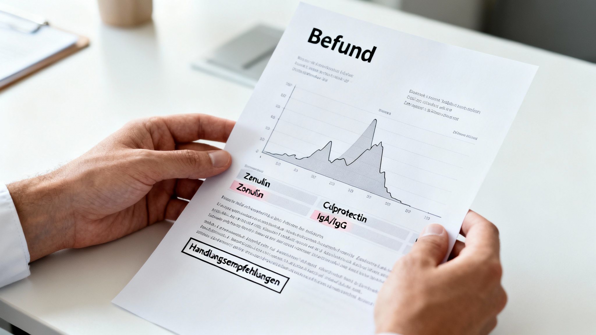 Nahaufnahme eines Mannes, der ein medizinisches Gutachten mit Grafiken und Befunden wie Zenulin liest.