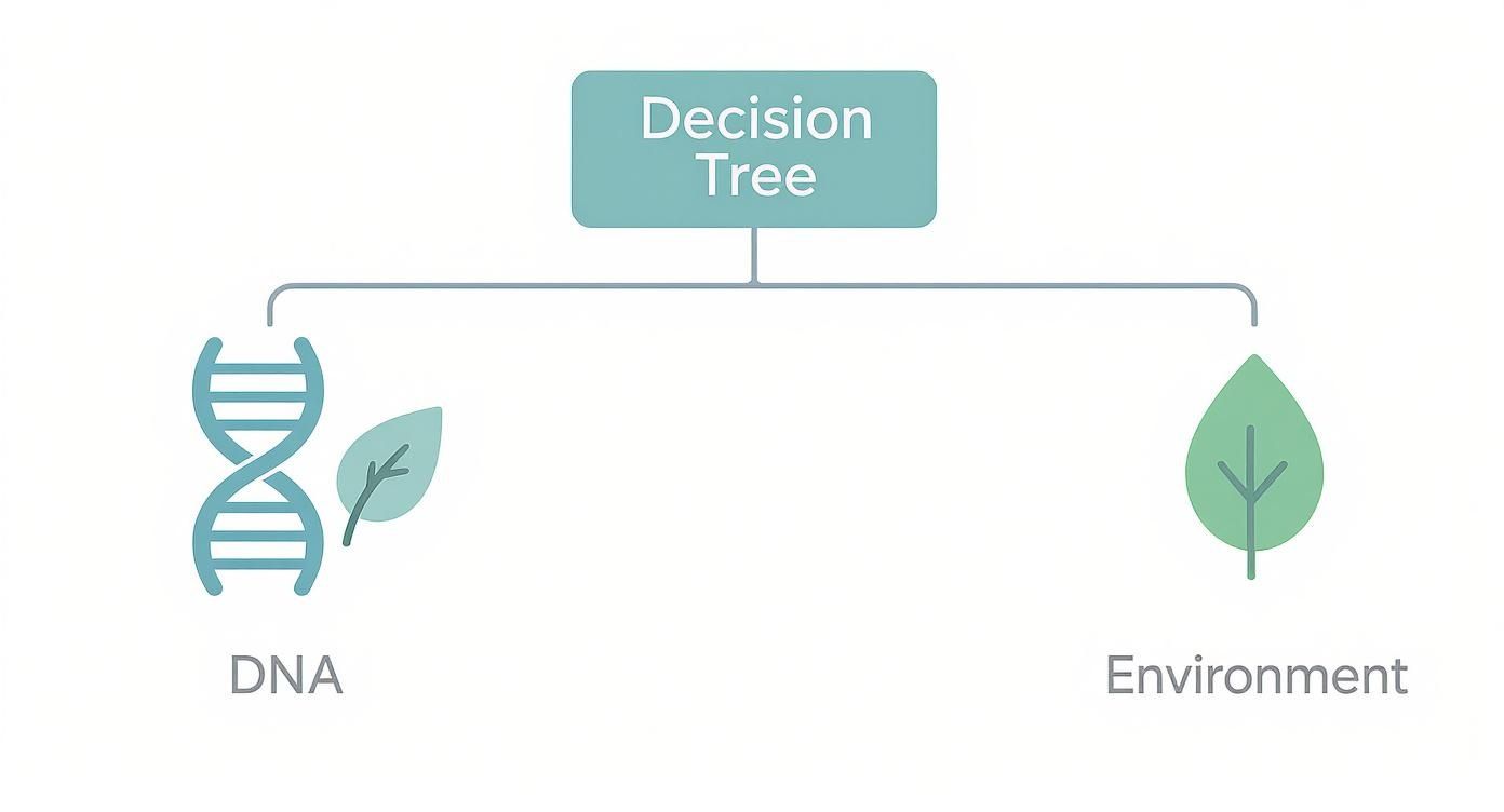 Diagramm: Entscheidungsbaum, der DNA und Umwelt als Einflussfaktoren verbindet.