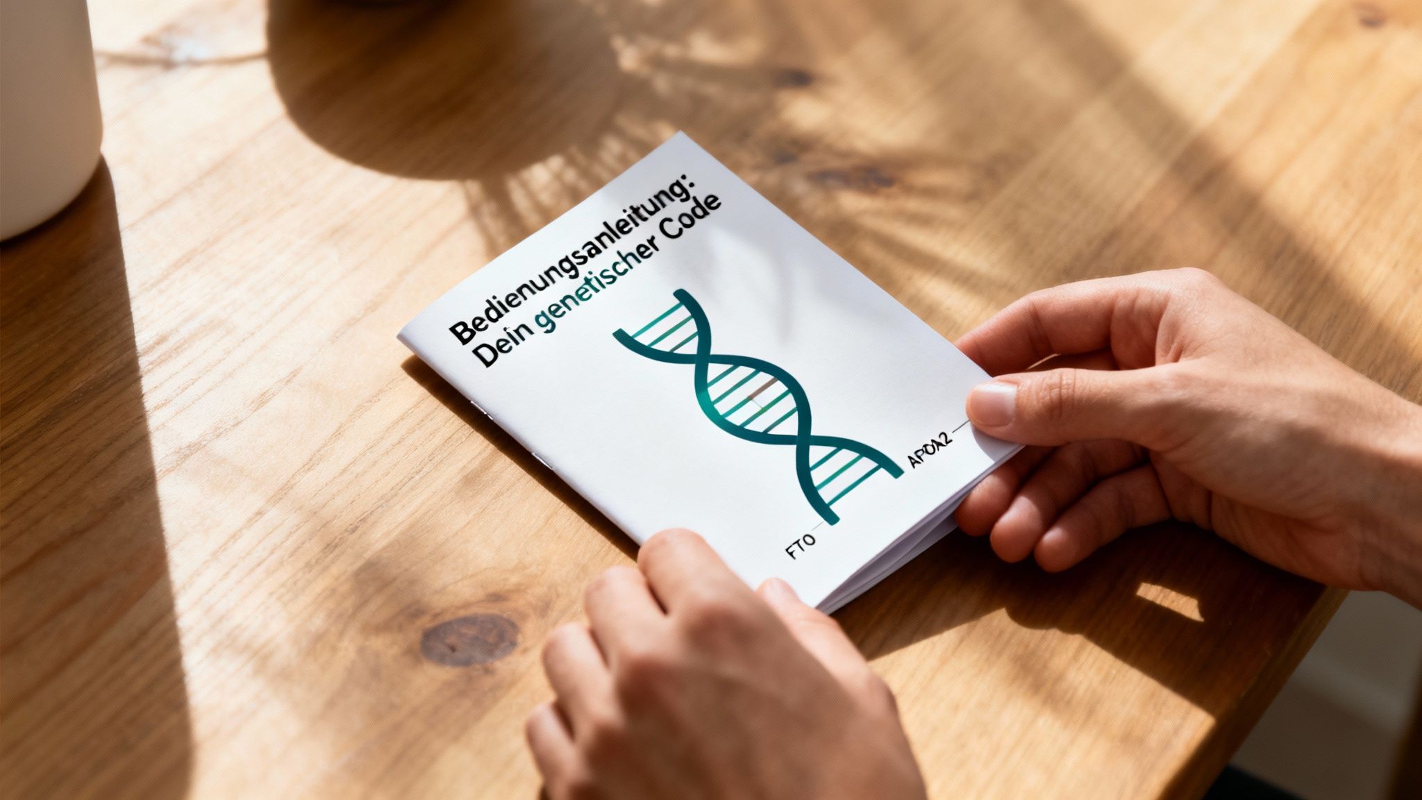 Person hält ein Booklet mit dem Titel 'Bedienungsanleitung: Dein genetischer Code' und einer DNA-Darstellung auf einer Holzoberfläche.