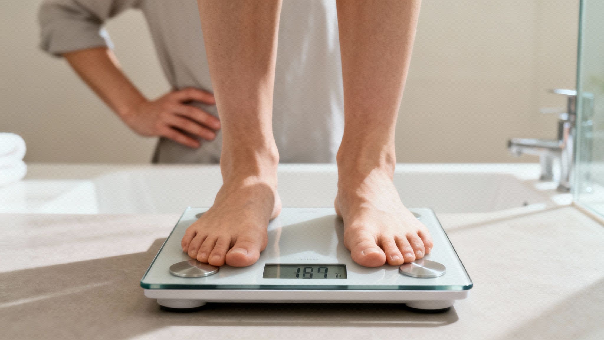 Eine Person steht barfuß auf einer digitalen Waage im Badezimmer, die 187 anzeigt.