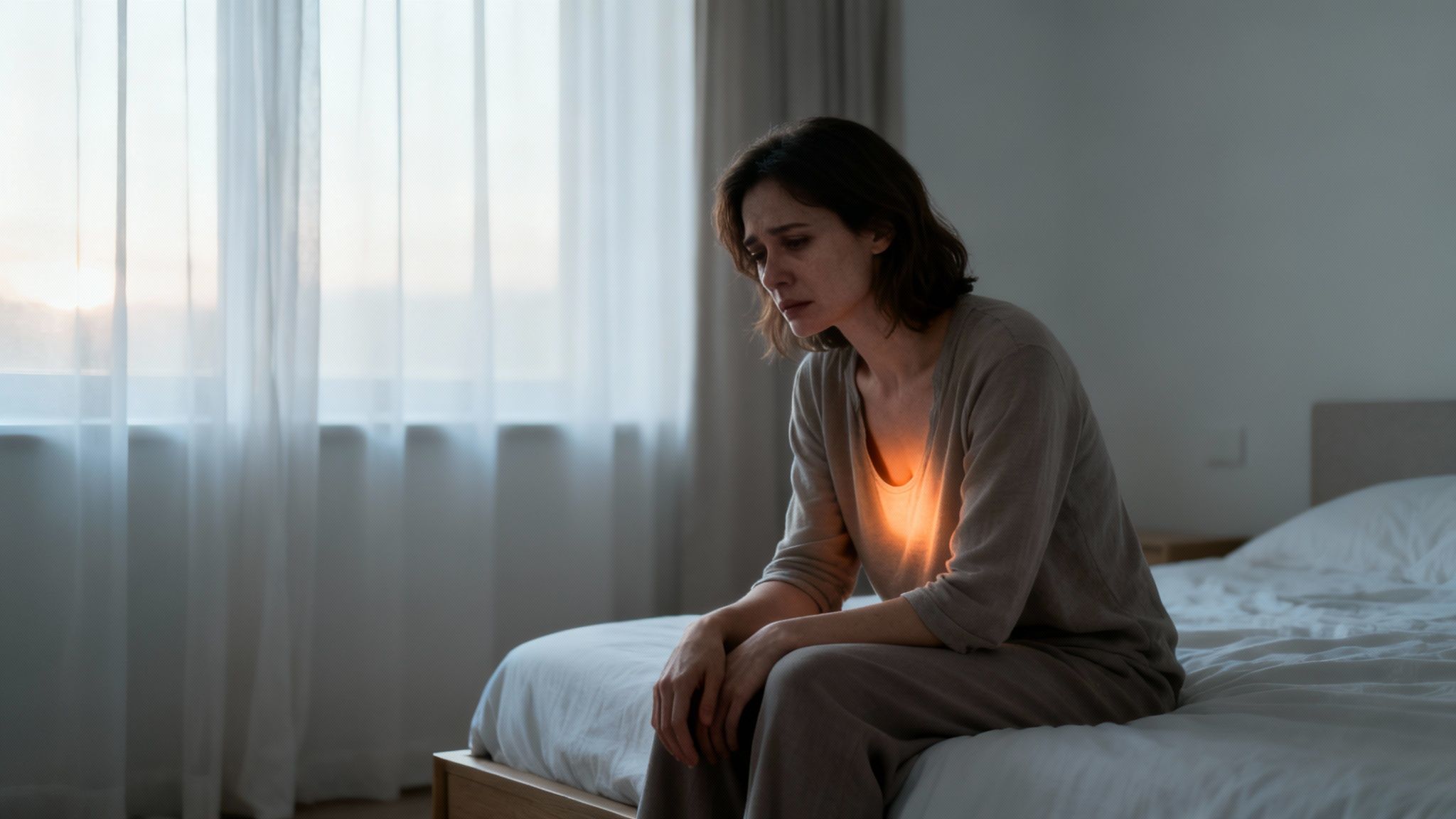 A sad woman sits on her bed, her chest glows red, suggesting pain.