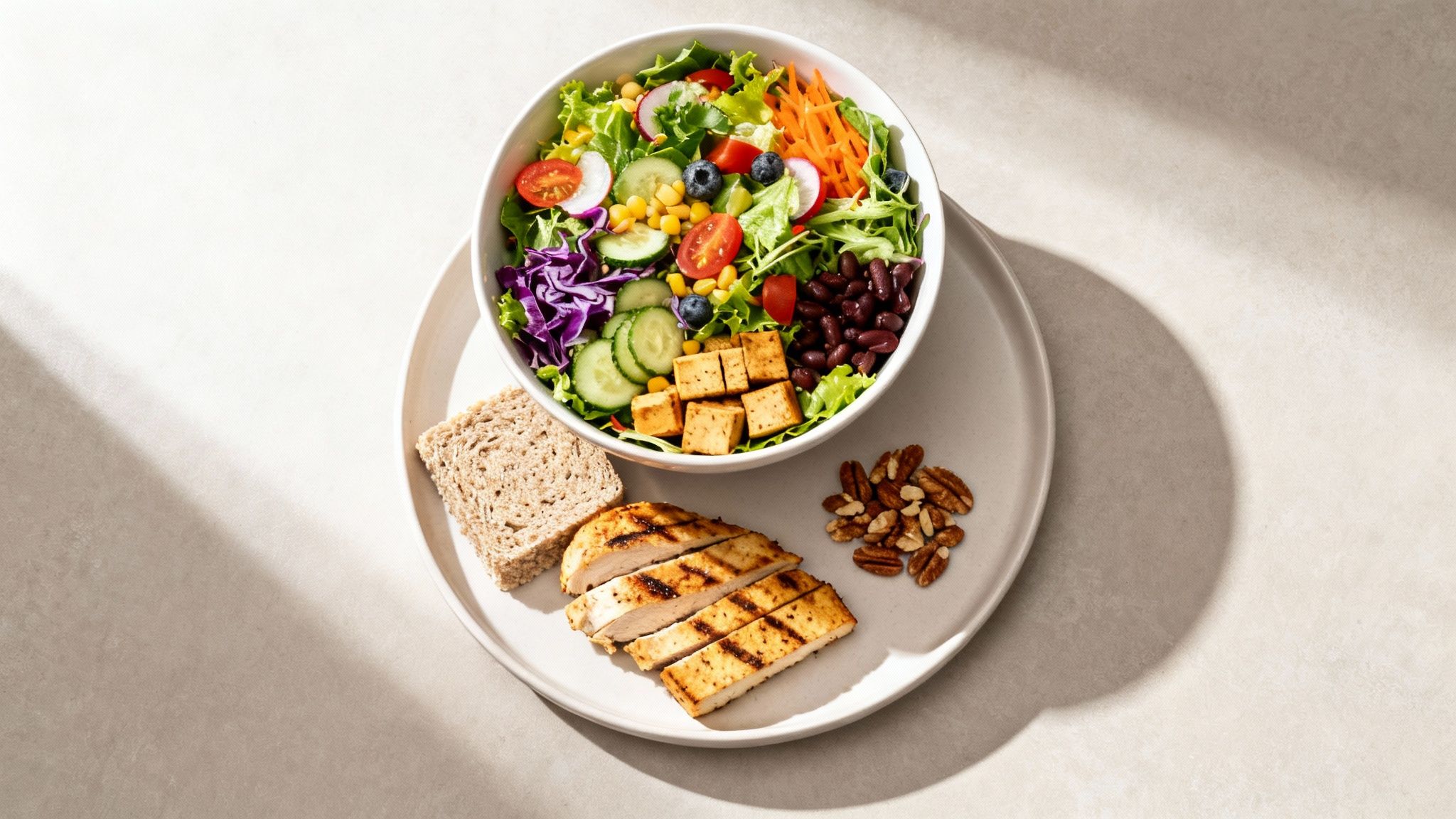 Ein farbenfrohes, gesundes Gericht mit großem Salat, gegrilltem Hähnchen, Vollkornbrot und Nüssen auf hellem Teller.