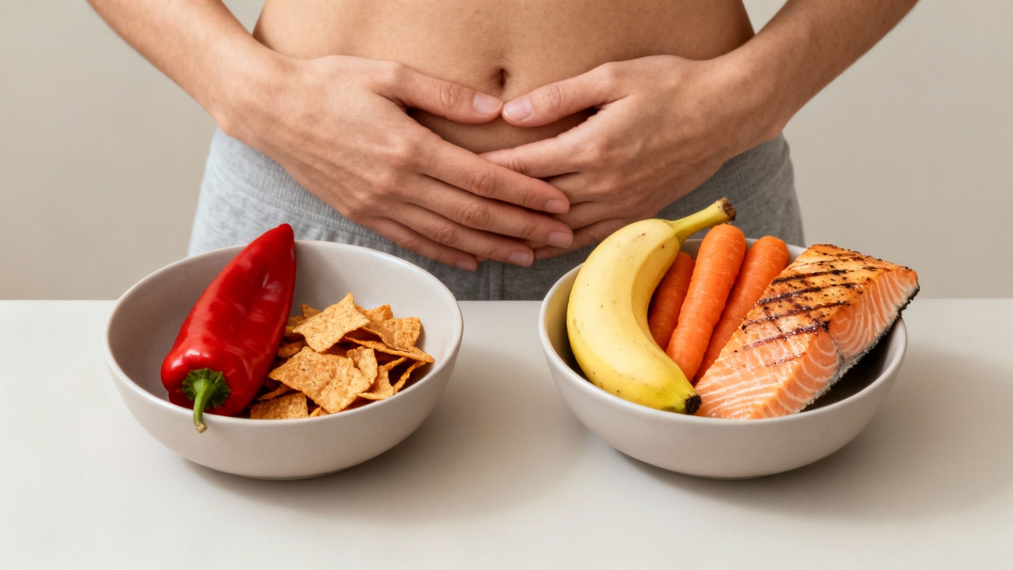 Eine Person hält sich den Bauch, während zwei Schalen vor ihr stehen: eine mit ungesunden Snacks, die andere mit gesunden Lebensmitteln.