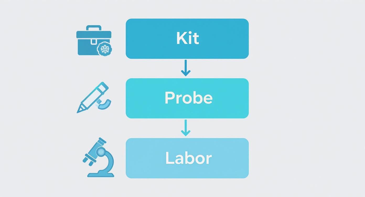 Ein Diagramm zeigt die drei Schritte Kit, Probe und Labor mit zugehörigen Symbolen für einen Darm-Mikrobiom-Test.