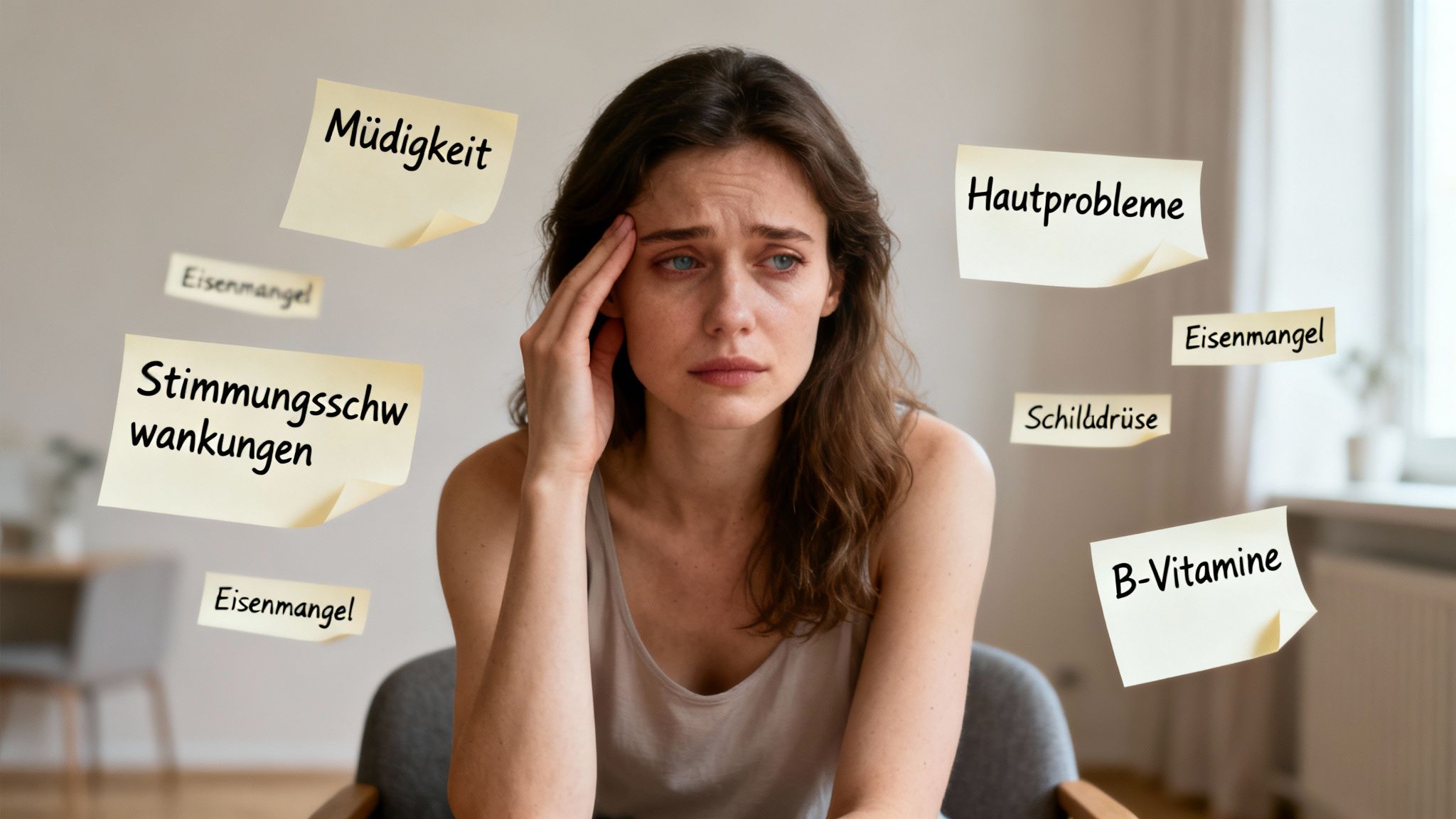 Traurige Frau mit Kopfschmerzen, umgeben von Notizen zu Müdigkeit, Stimmungsschwankungen und Eisenmangel.