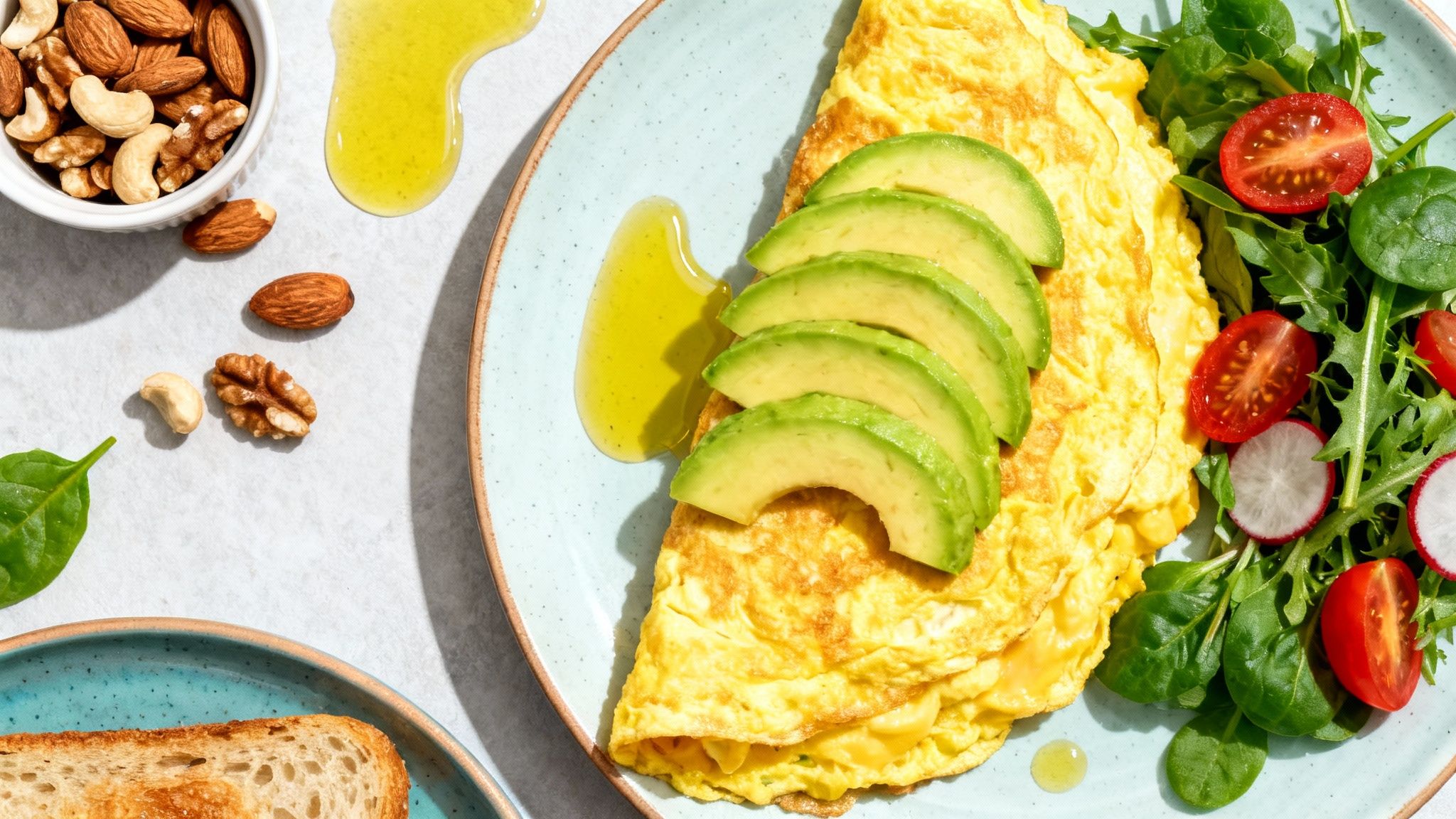 Gesunde Lebensmittel wie Avocado, Nüsse und Lachs, die den Fettstoffwechsel unterstützen.