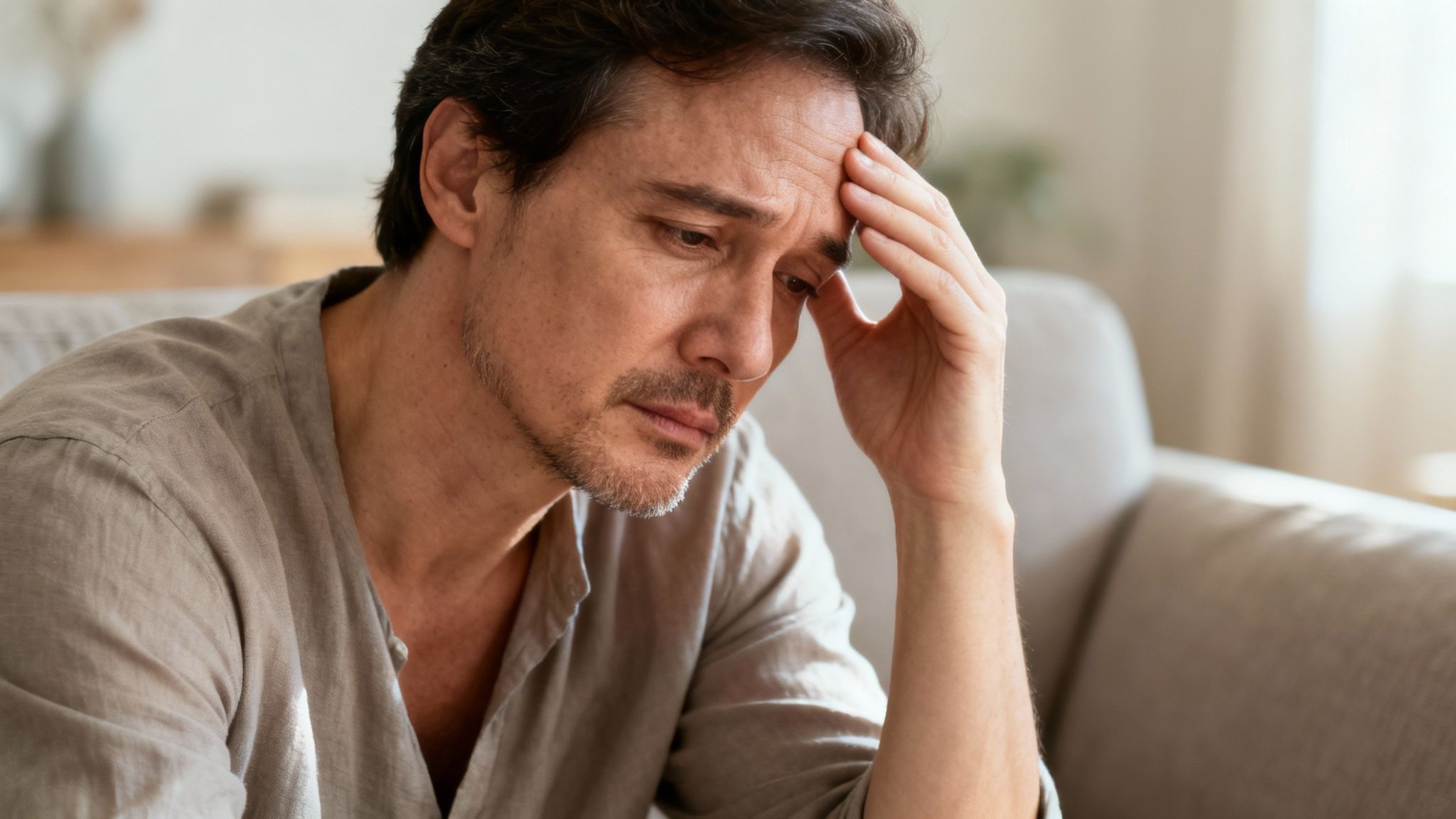 Ein nachdenklicher Mann sitzt zu Hause auf einem Sofa und hält sich die Stirn, wirkt besorgt.