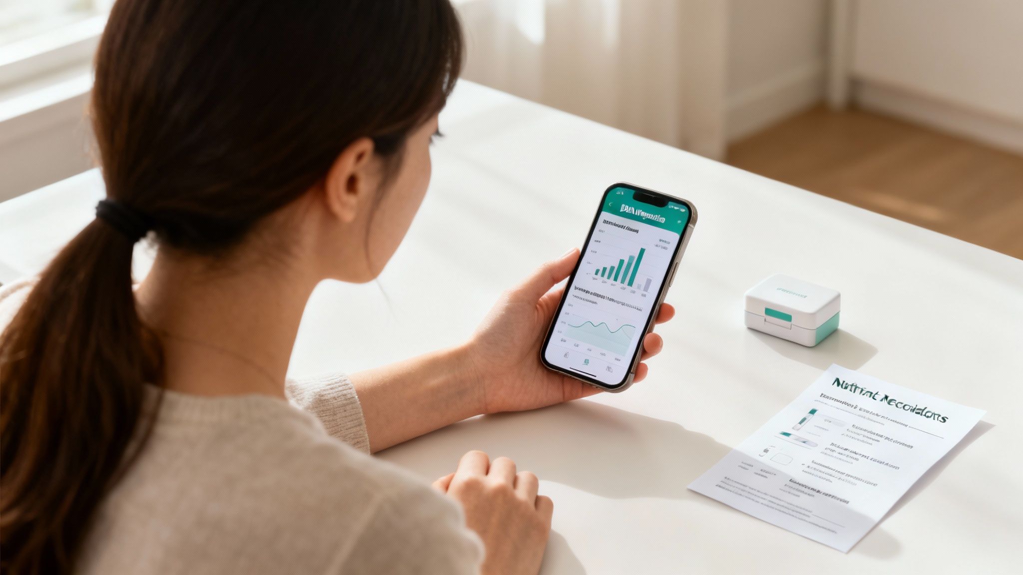 Eine Frau betrachtet ihr Smartphone mit Gesundheitsdaten, daneben ein kleines Gerät und ein Dokument auf dem Tisch.