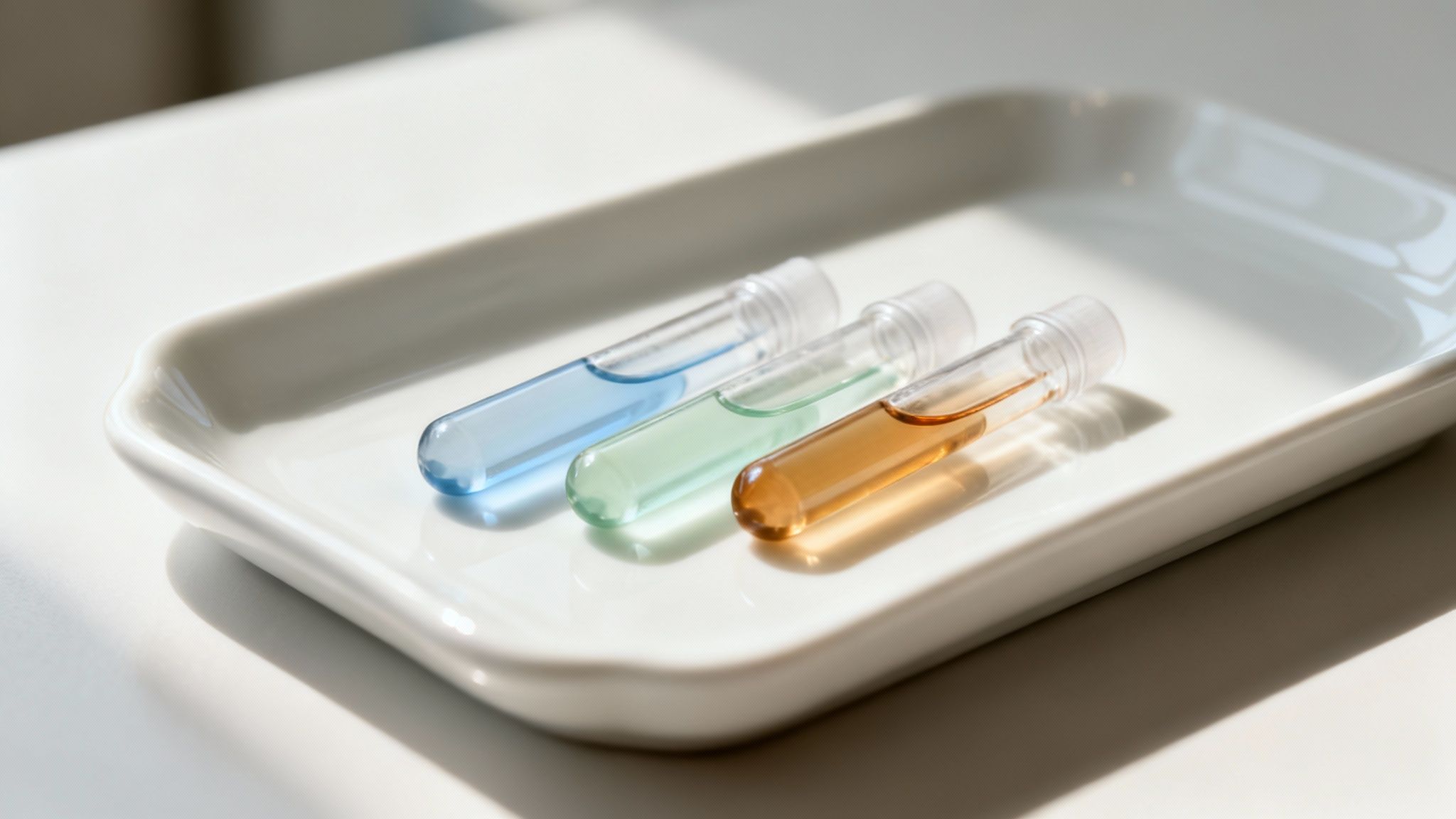 Drei Reagenzgläser mit blauem, grünem und bernsteinfarbenem Flüssigkeitsinhalt auf einem weißen Tablett.