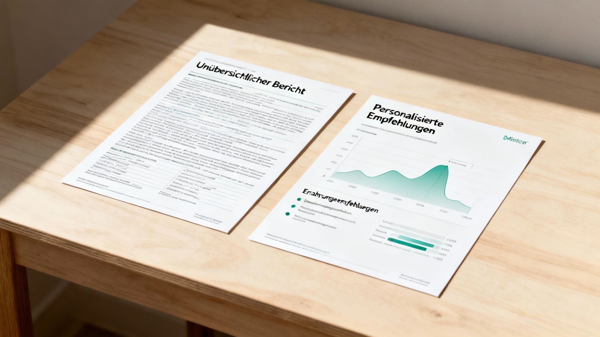Zwei Berichte mit Personalisierte Empfehlungen und Mikrobiom-Testergebnissen auf einem Holztisch.