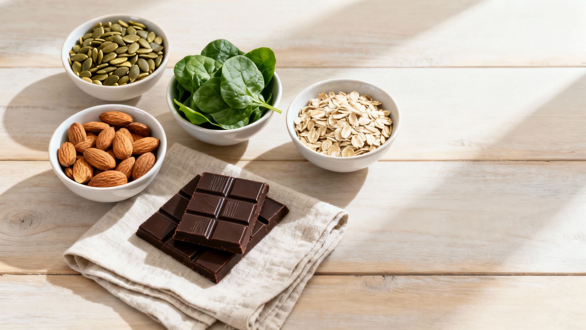 Magnesiumreiche Lebensmittel wie Kürbiskerne, Mandeln, Spinat, Haferflocken und dunkle Schokolade auf hellem Holz.