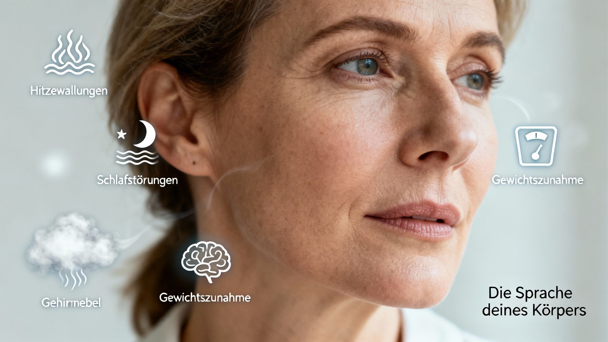 Eine Frau mit Icons, die typische Wechseljahressymptome wie Hitzewallungen, Schlafstörungen, Gehirnnebel und Gewichtszunahme darstellen.