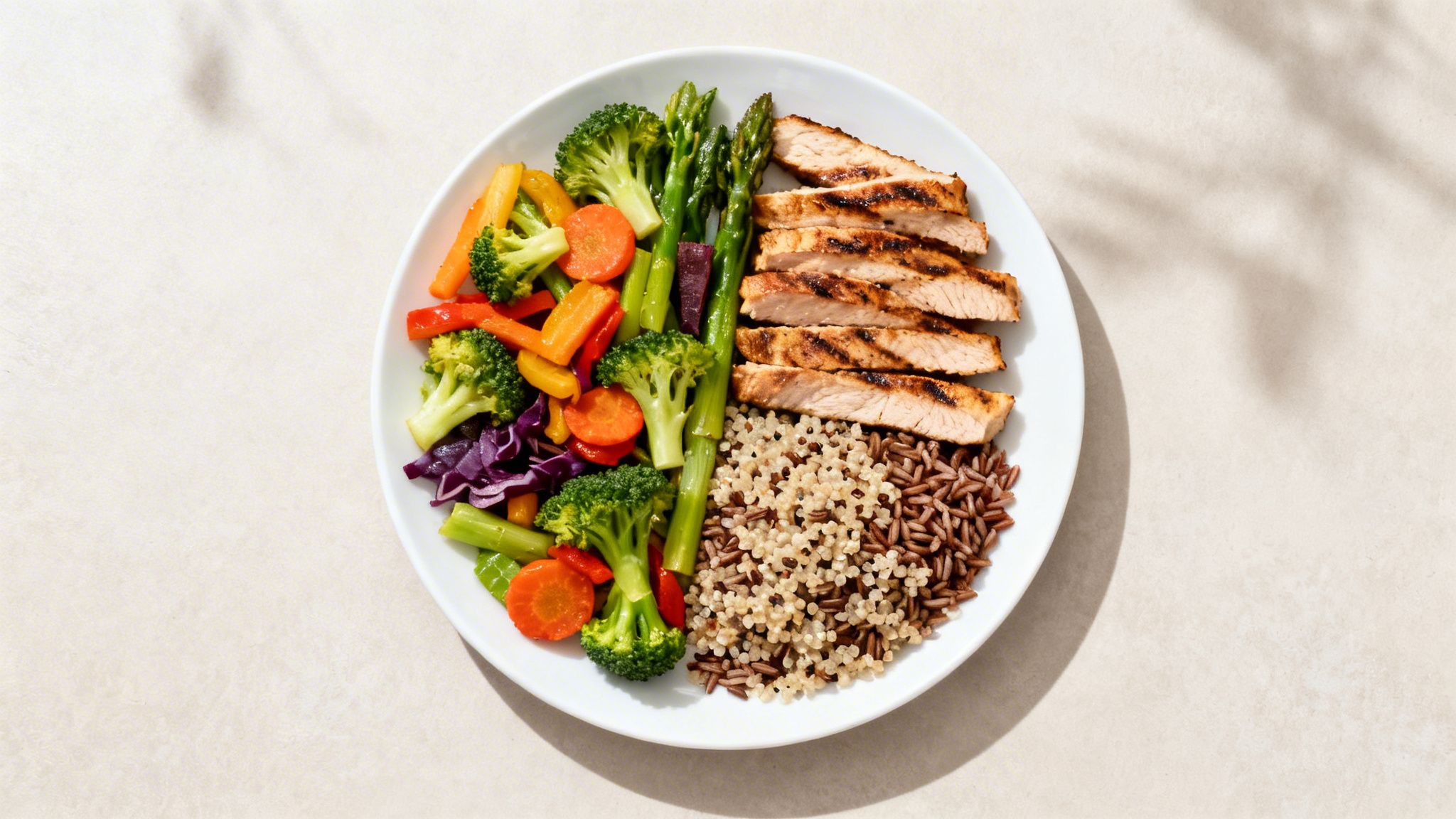 Een gezonde kom met gegrilde kip, broccoli, wortelen, asperges, rijst en quinoa.