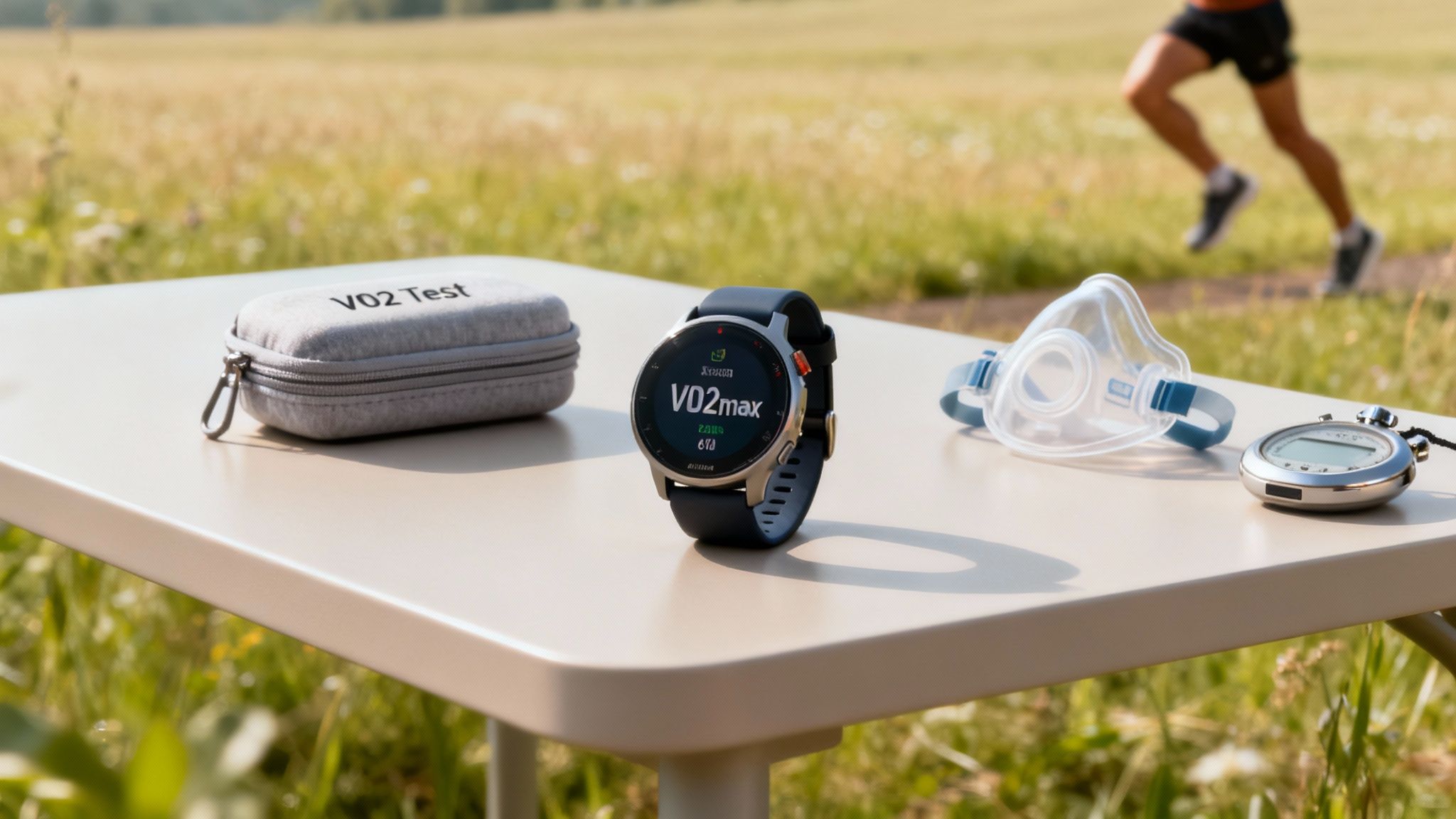 Eine Person, die auf einem Laufband einen Leistungstest mit einer Atemmaske macht.