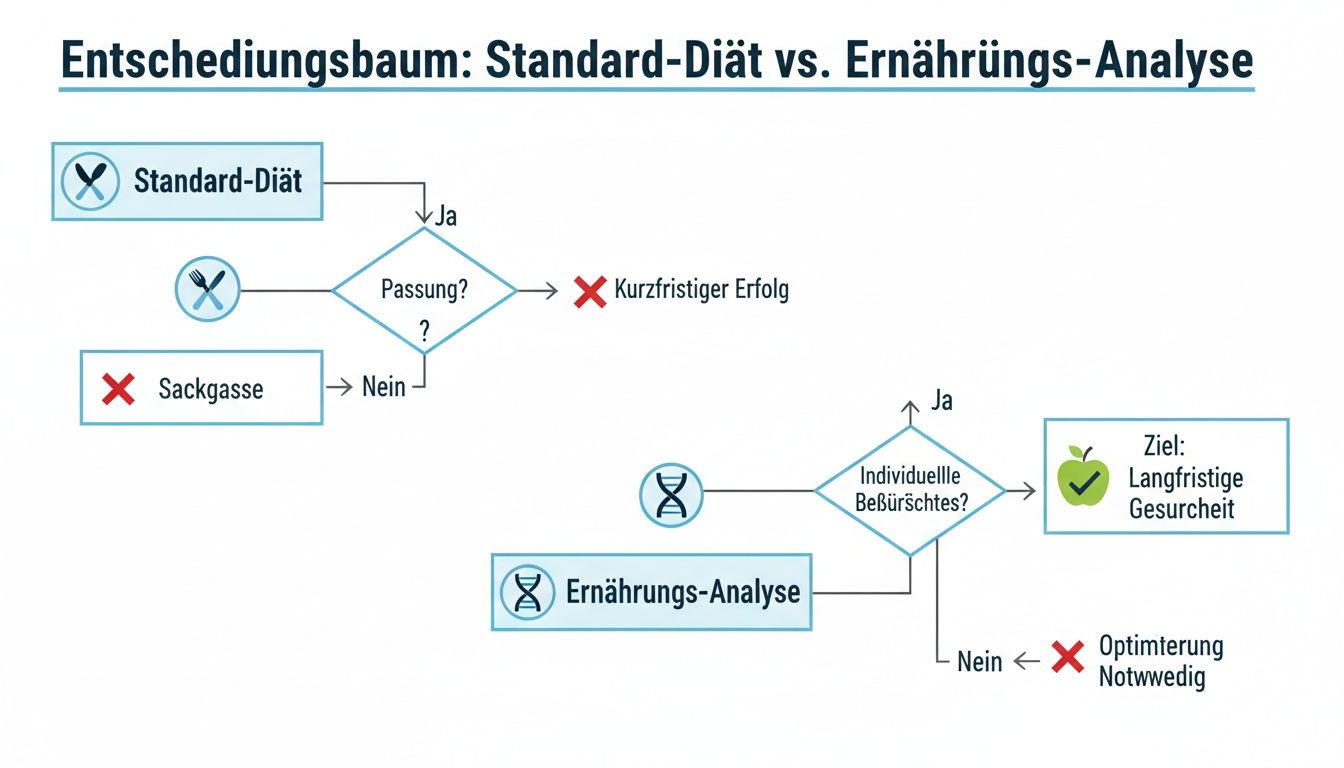 Entscheidungsbaum: Vergleich von Standard-Diät und Ernährungs-Analyse, der kurz- und langfristige Gesundheitsergebnisse darstellt.