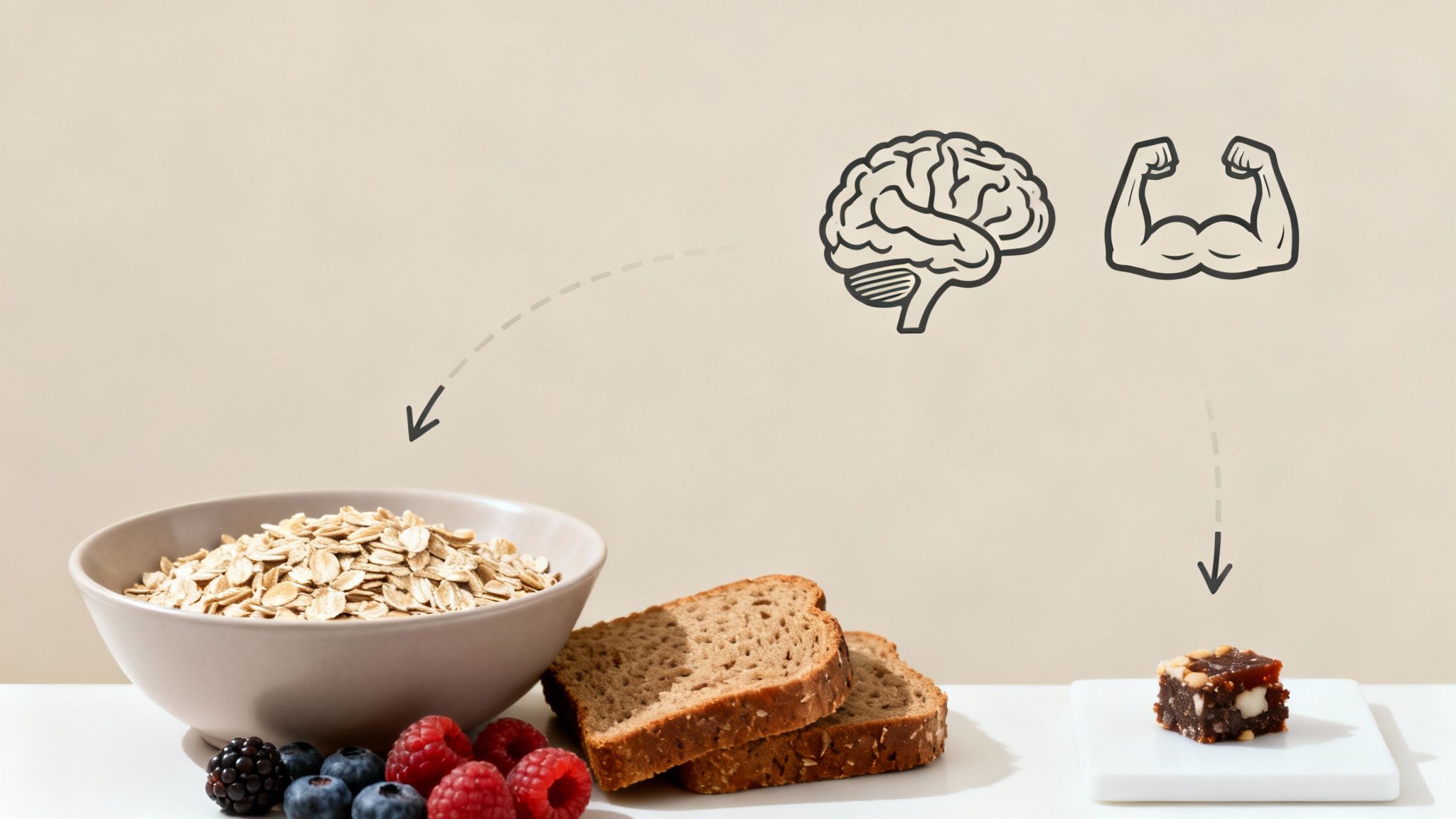 Ein Korb voller Vollkornbrot, Nudeln und Gemüse, der verschiedene Kohlenhydratquellen zeigt.