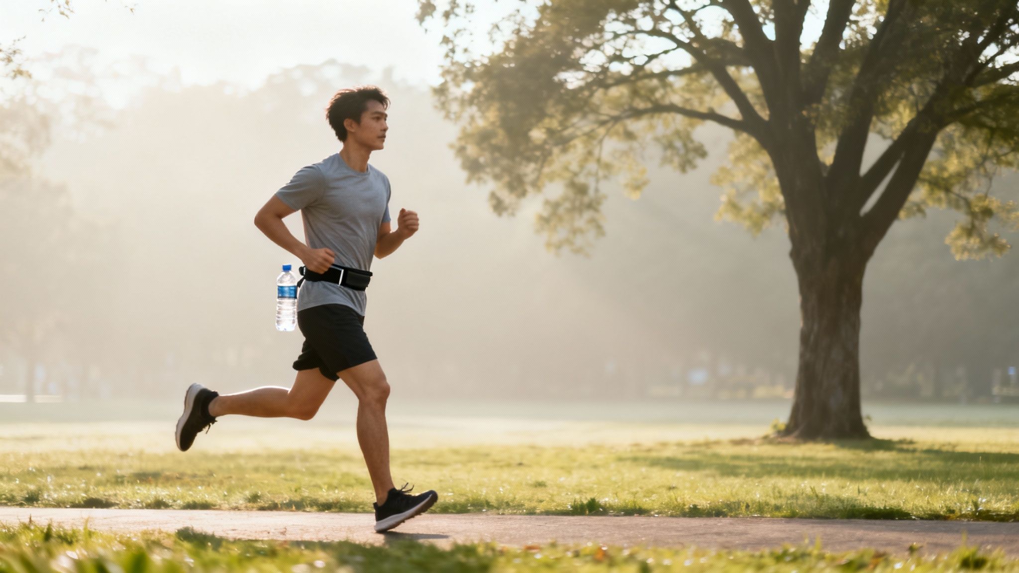 Eine Person bindet sich die Schuhe für einen Lauf in der Natur bei Sonnenaufgrund.
