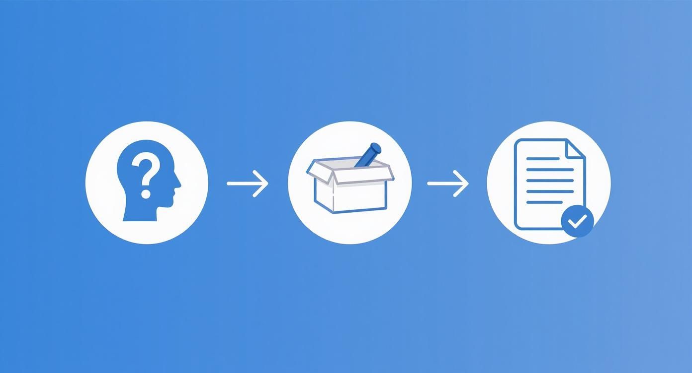 Drei Icons: Kopf mit Fragezeichen, Testkit in Box, und Dokument mit Häkchen, das einen Prozess darstellt.