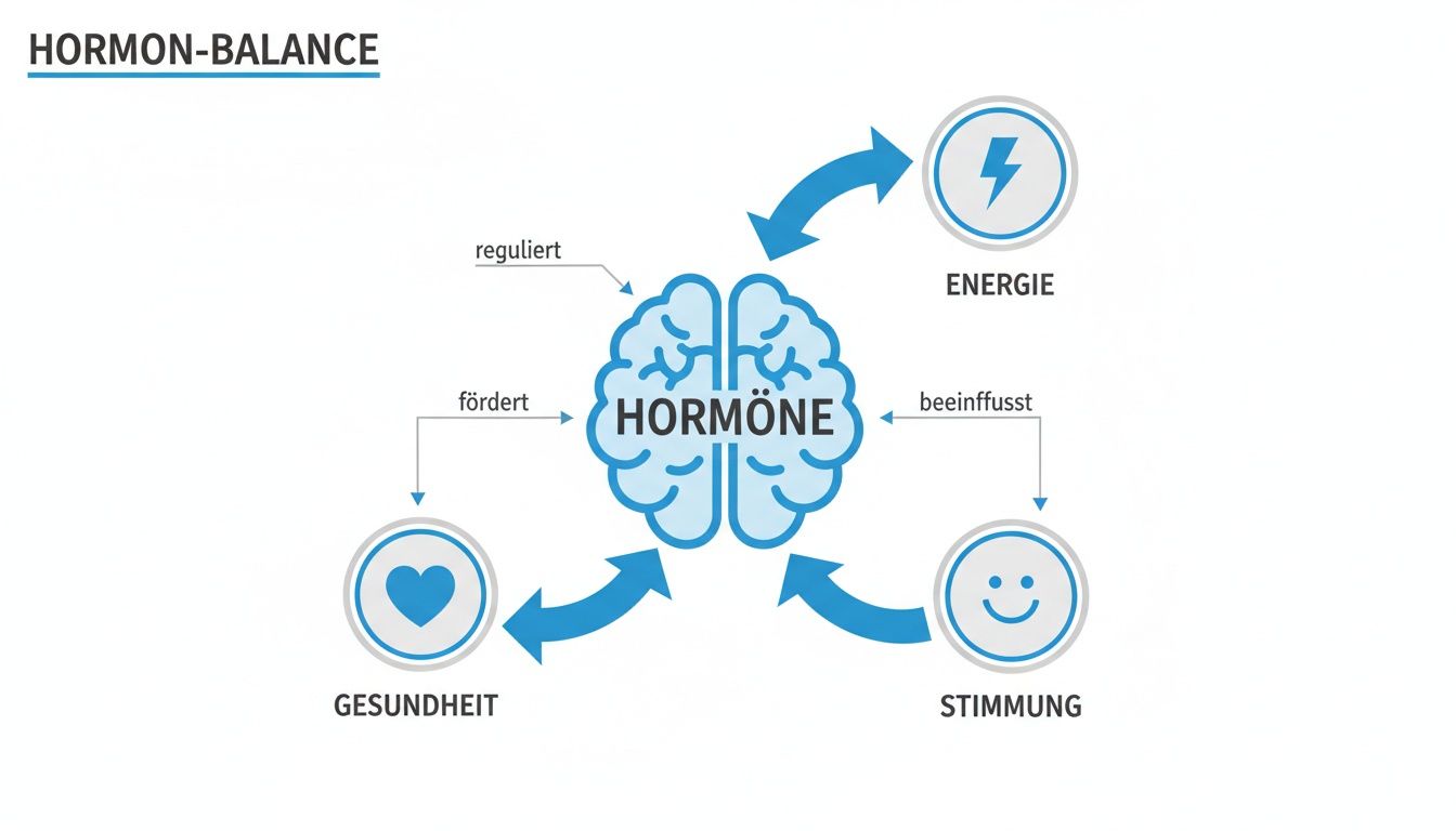 Infografik zur Hormonbalance, die zeigt, wie Hormone Energie, Stimmung und Gesundheit regulieren und beeinflussen.
