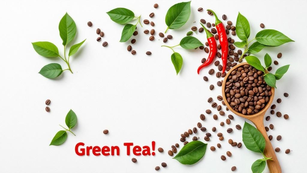 Ein Tisch mit verschiedenen natürlichen Inhaltsstoffen wie Grünteeblättern, Kaffeebohnen und Chilischoten, neben einer offenen Kapsel, aus der das Pulver rieselt.
