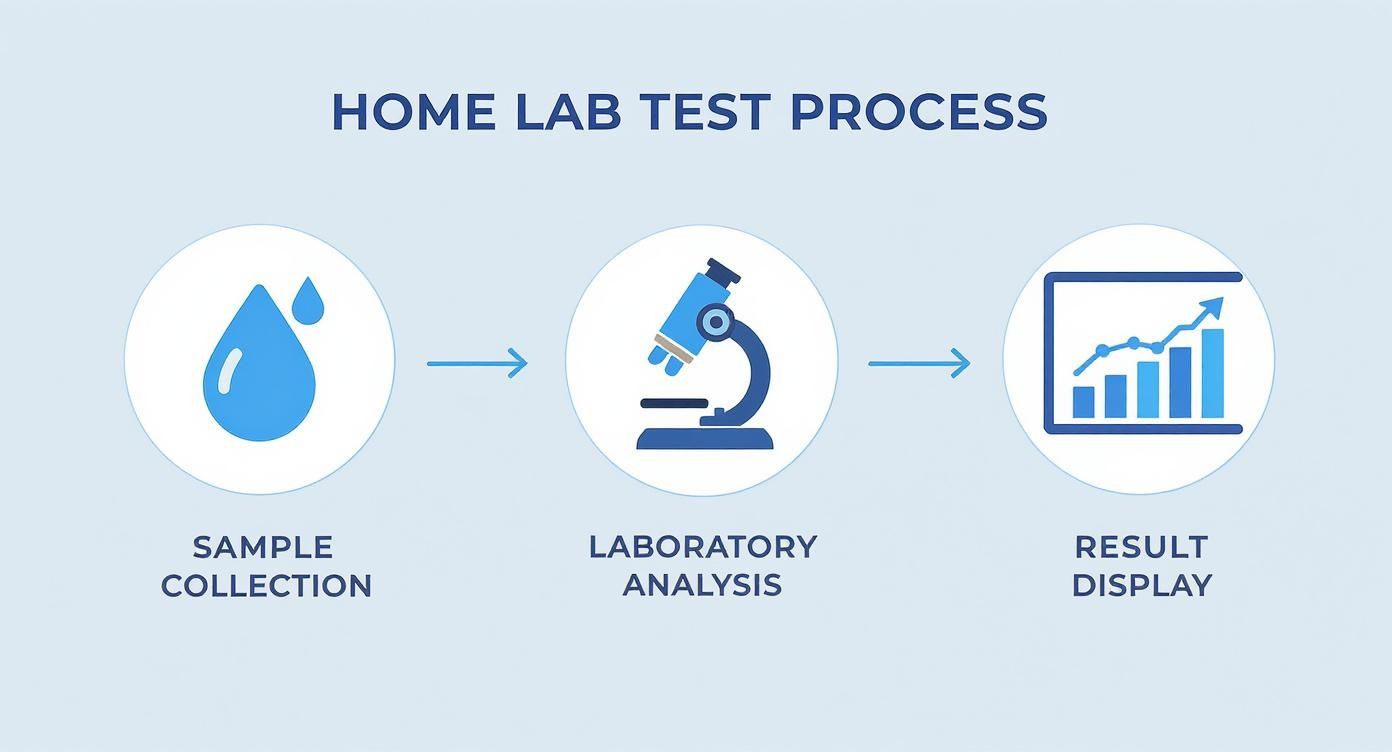 Heimlabortest-Prozess mit drei Schritten: Probenentnahme, Laboranalyse und Ergebnisanzeige in einem übersichtlichen Diagramm