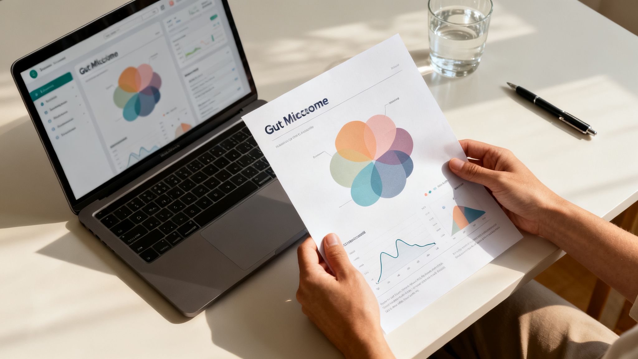 Eine Person hält einen Bericht über Darmbakterien-Analyse, während ein Laptop ähnliche Daten mit Diagrammen anzeigt.