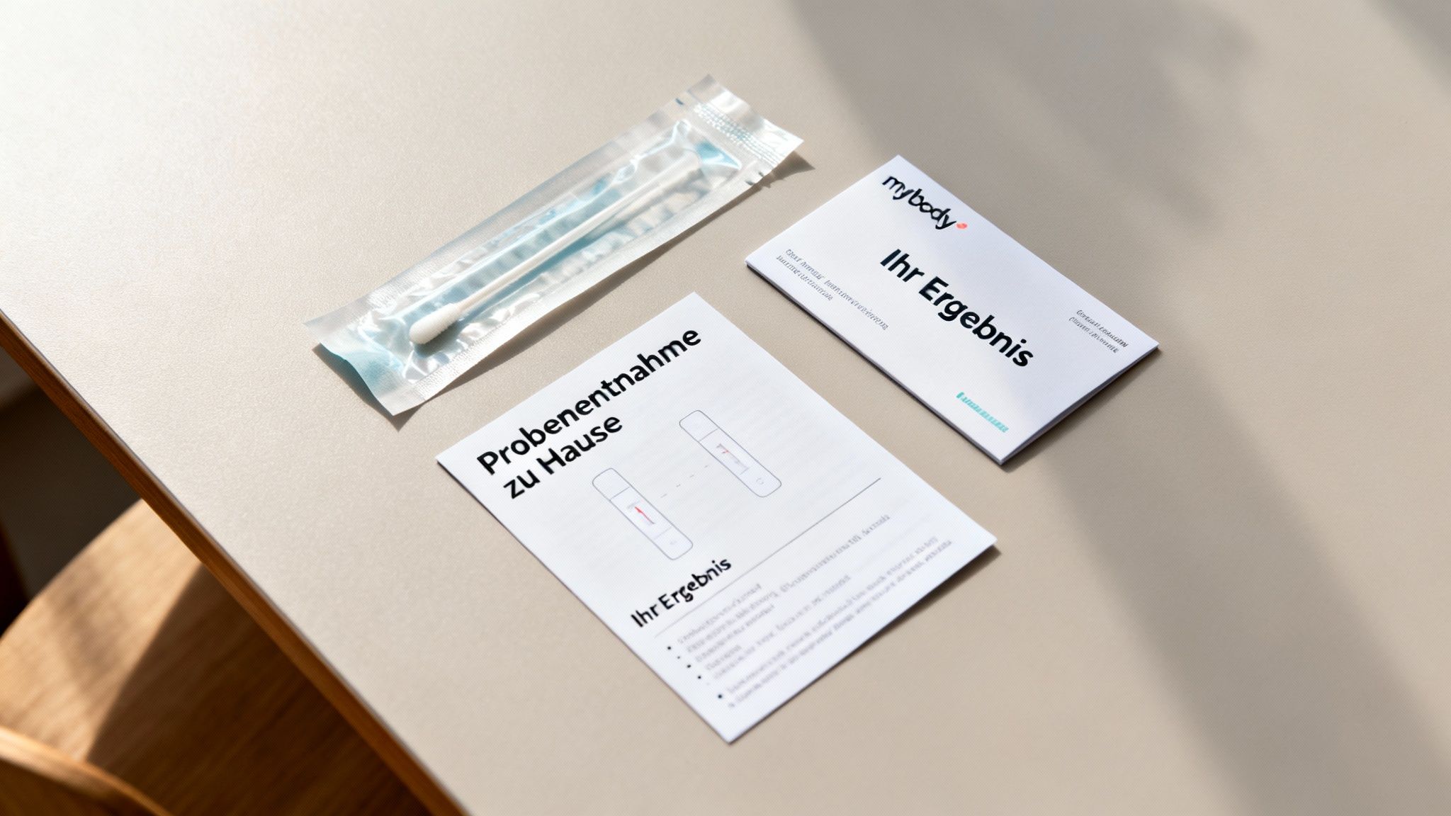 Ein COVID-19-Schnelltest-Kit mit Tupfer und Anleitungen für die Probenentnahme und Ergebnisauswertung.