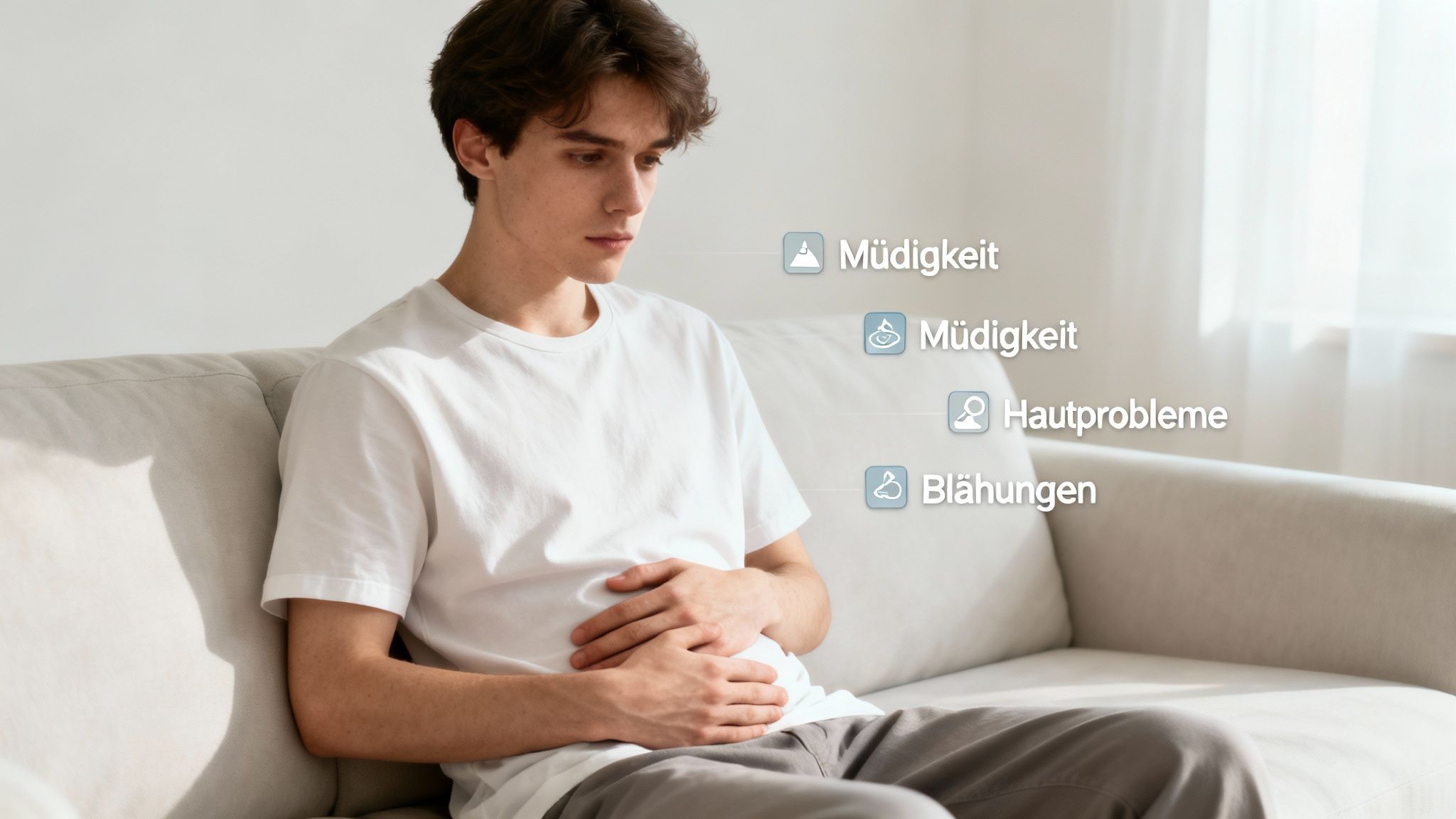 Junger Mann mit Bauchschmerzen und Unwohlsein auf einem Sofa, umgeben von Symptomen wie Müdigkeit, Hautproblemen und Blähungen.