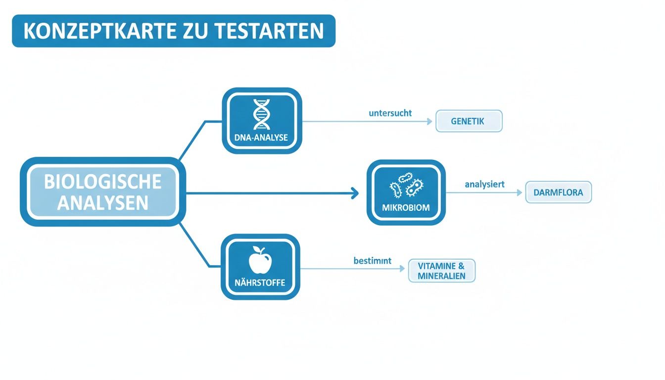 Mapa koncepcyjna: Analizy biologiczne takie jak test DNA, mikrobiom i składniki odżywcze, które określają genetykę, florę jelitową i witaminy.