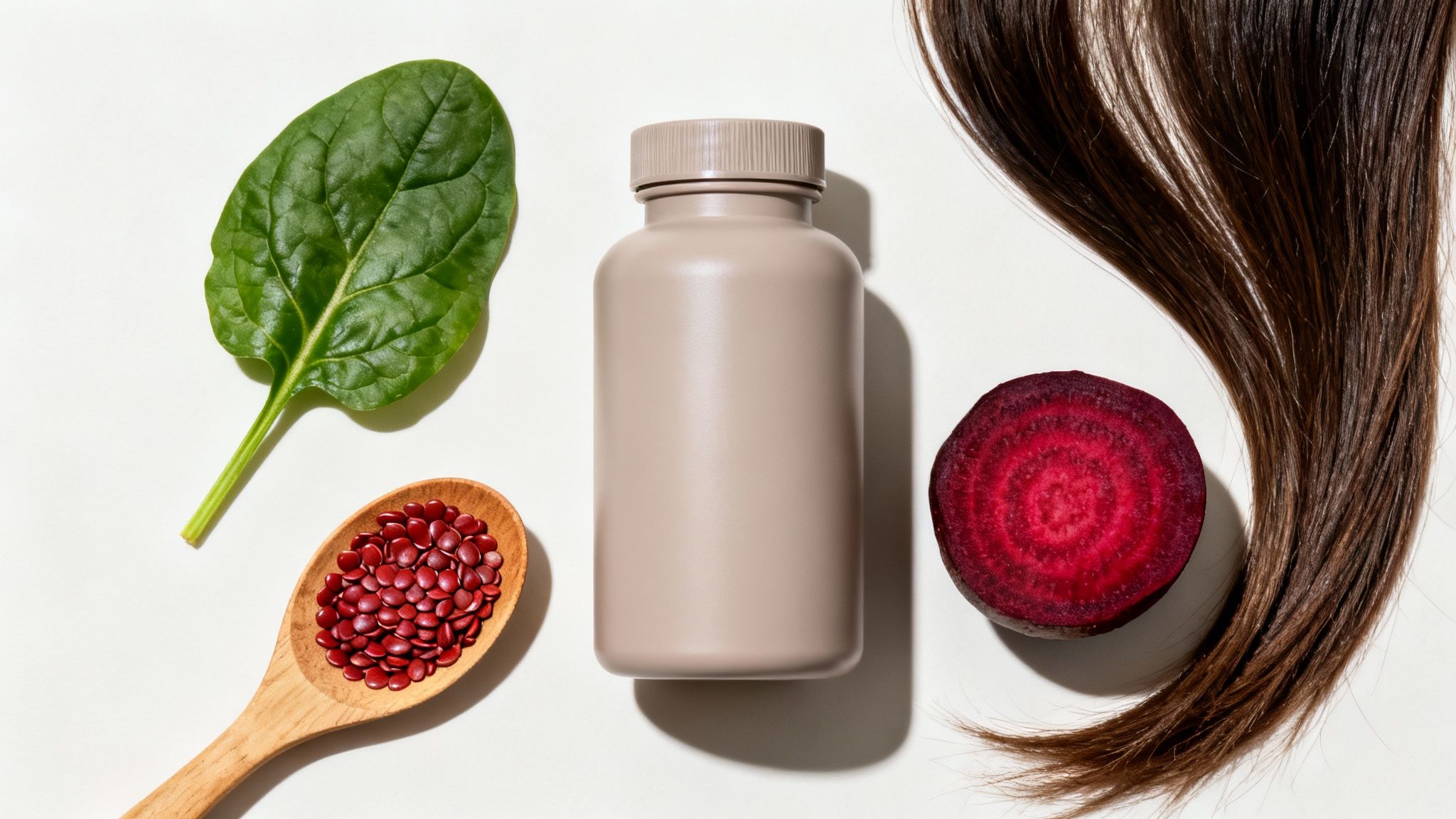 Ergänzungsmittel für die Haare mit Spinat, Rote Bete und Samen zur Bekämpfung von Haarausfall.