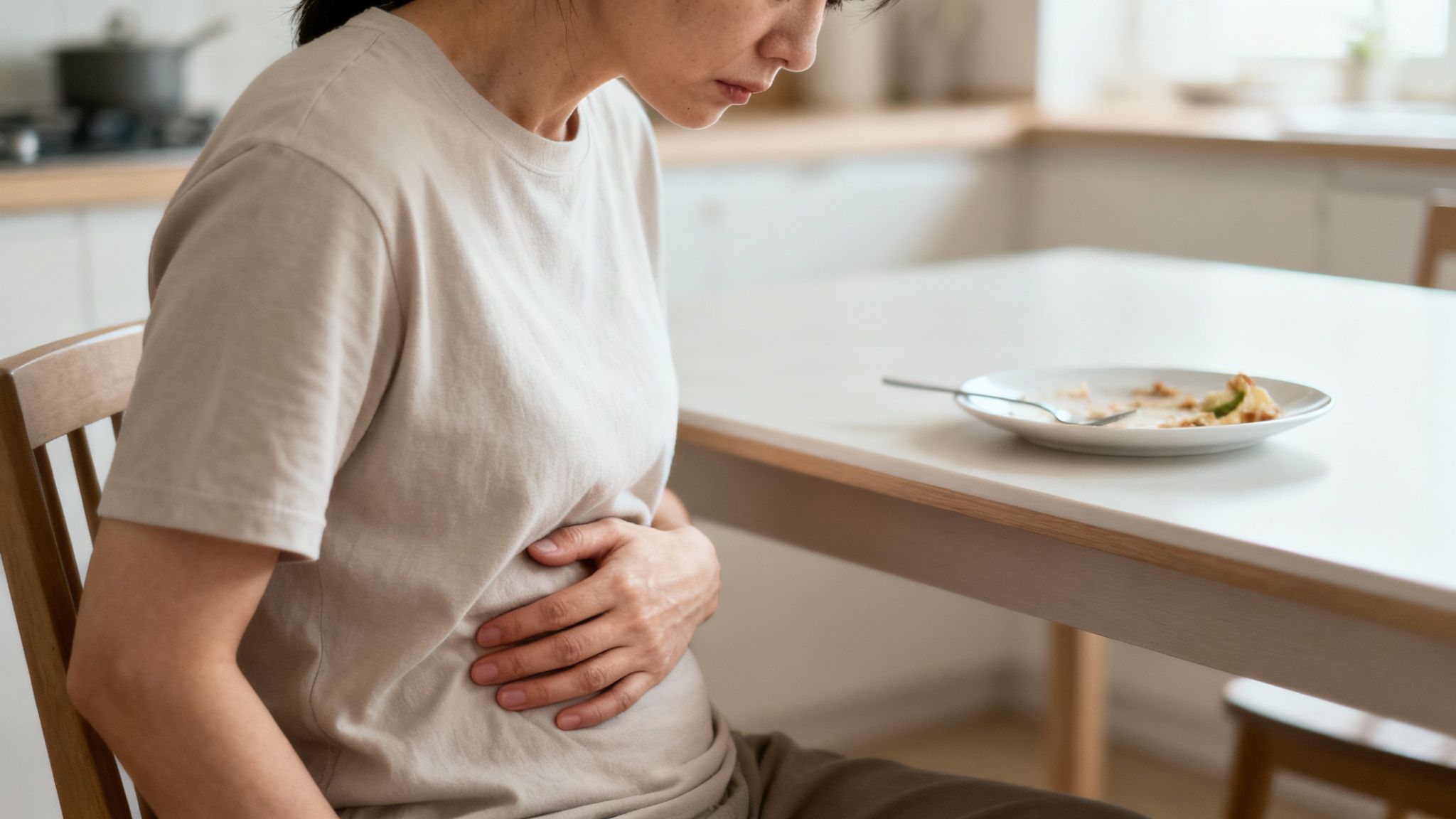 Eine Frau hält ihren Bauch und deutet Unwohlsein nach dem Essen an.