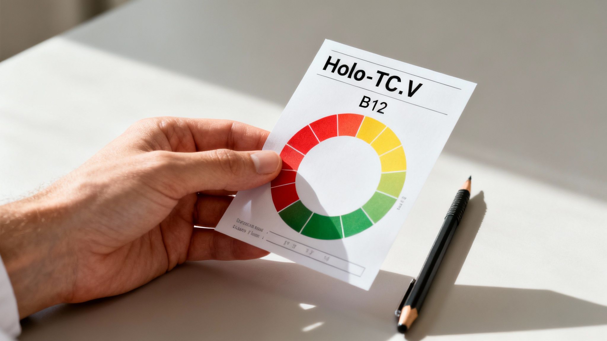 Eine Person schaut auf einen Ergebnisbericht, während sie gesundes Essen zubereitet.