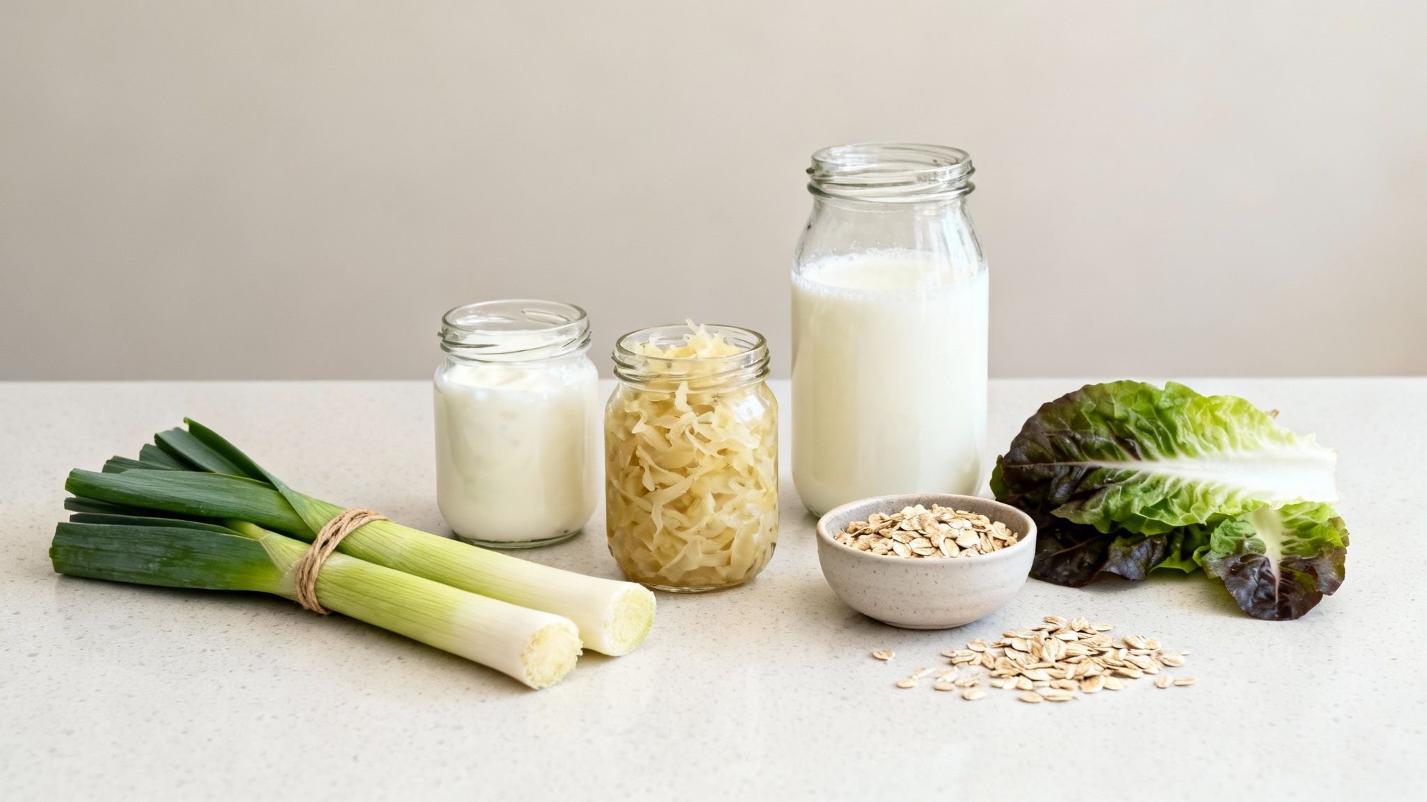 Eine Auswahl an präbiotischen und fermentierten Lebensmitteln wie Joghurt, Gemüse und Getreide.