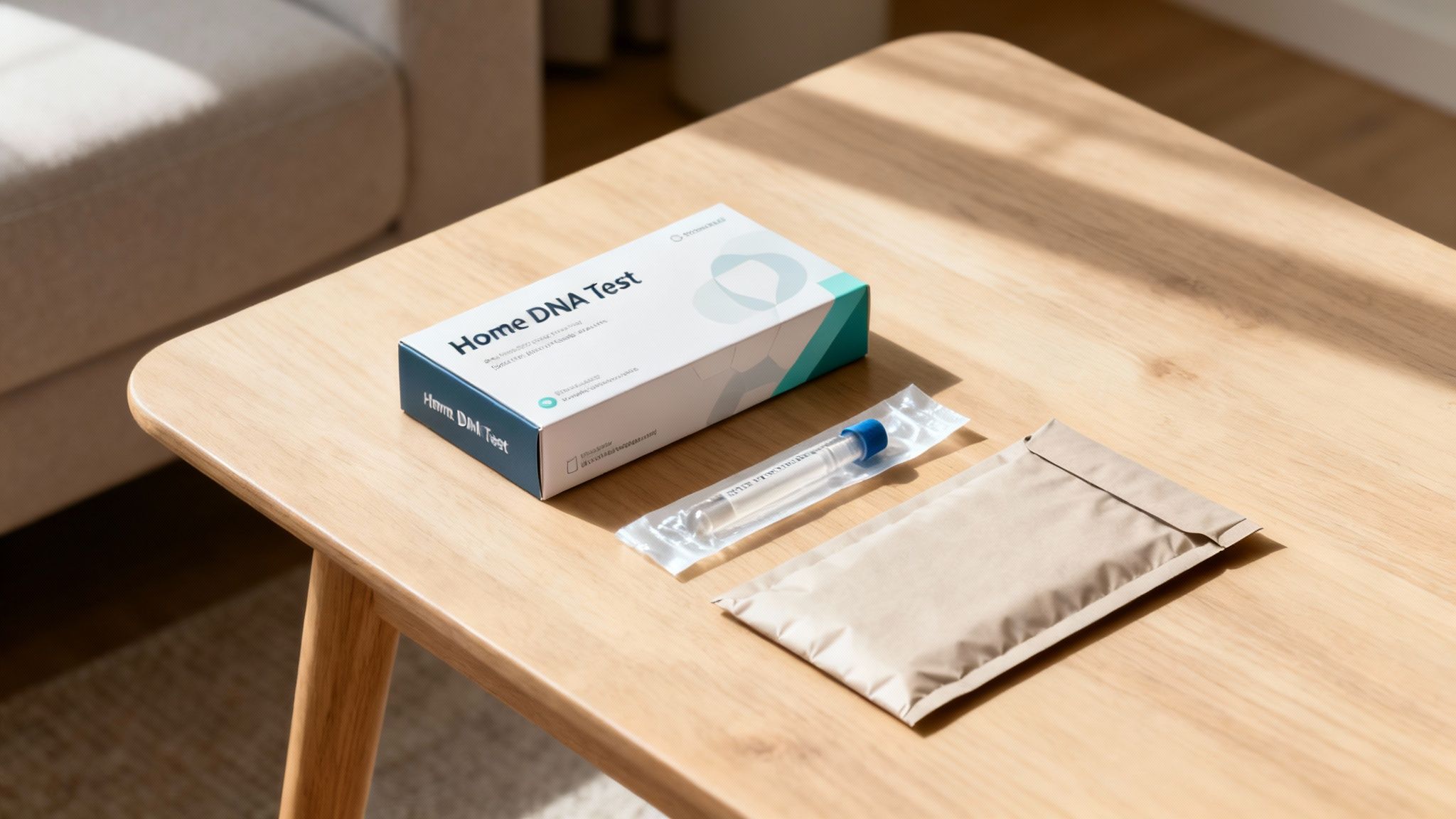 DNA test kit on a wooden table with box, sample tubes and envelope for health analysis.