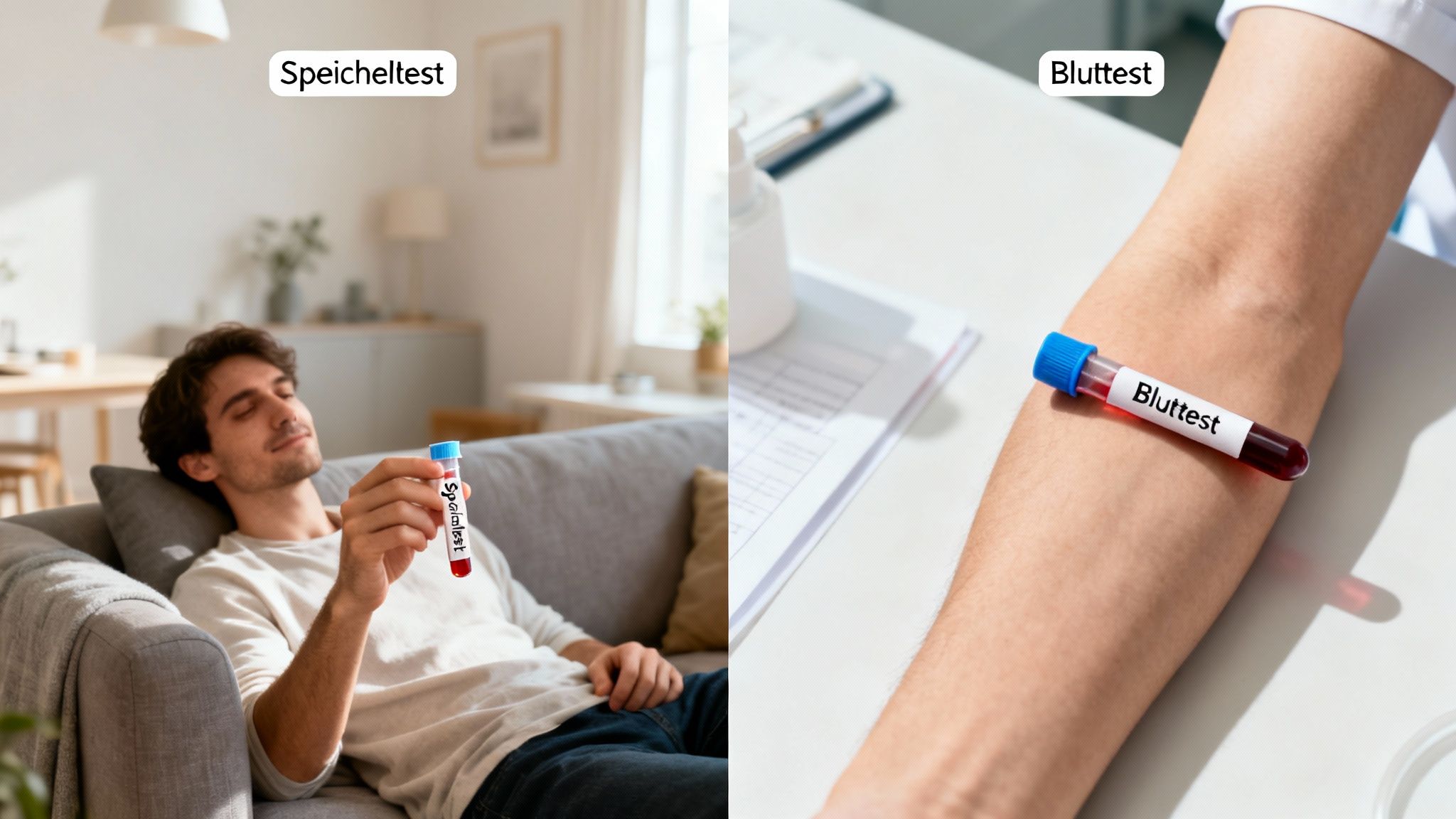 Zwei Bilder: Ein Mann hält einen Speicheltest, daneben ein Arm mit einem Bluttest.