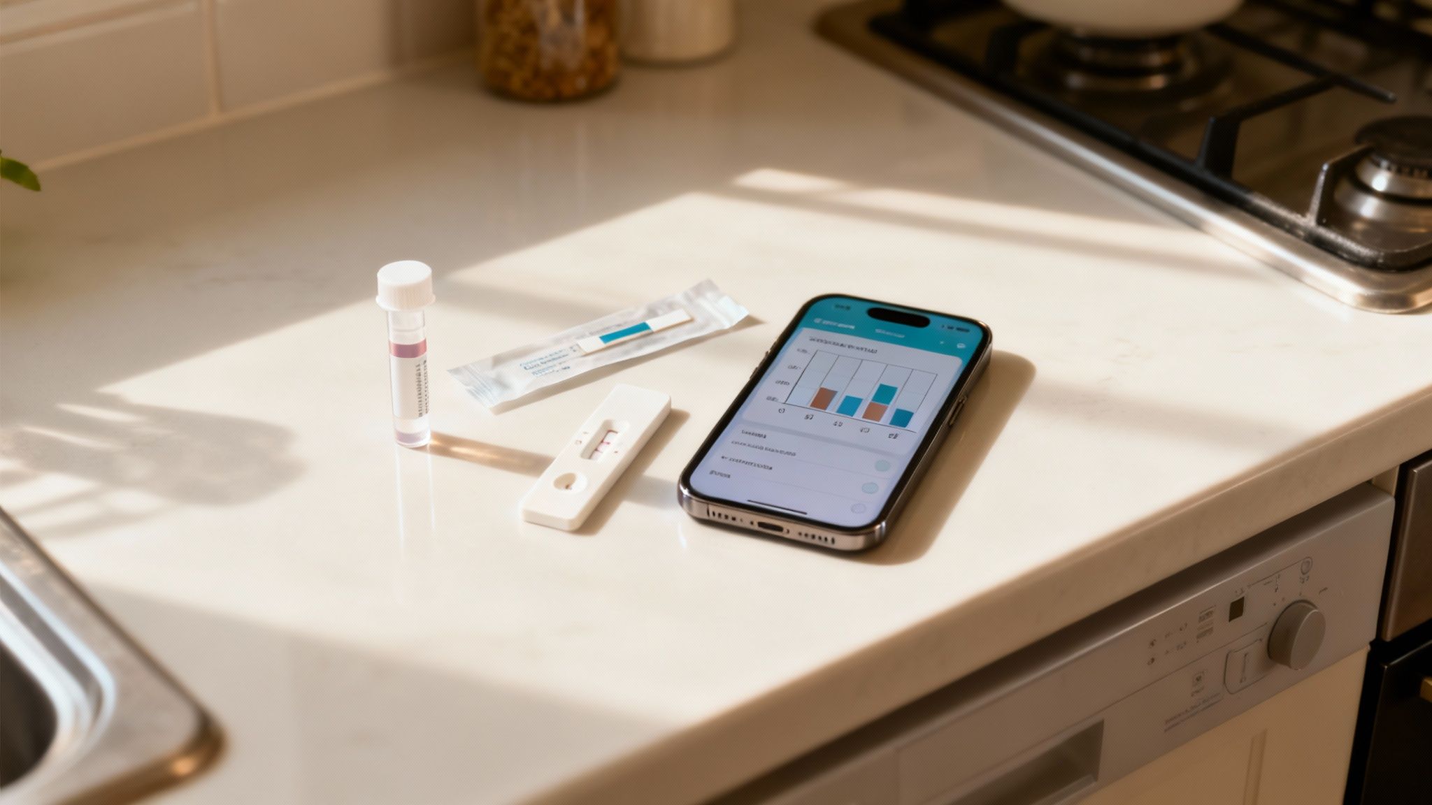 Eine Person hält einen mybody-x Testkit in der Hand, bereit für die Probenentnahme zu Hause